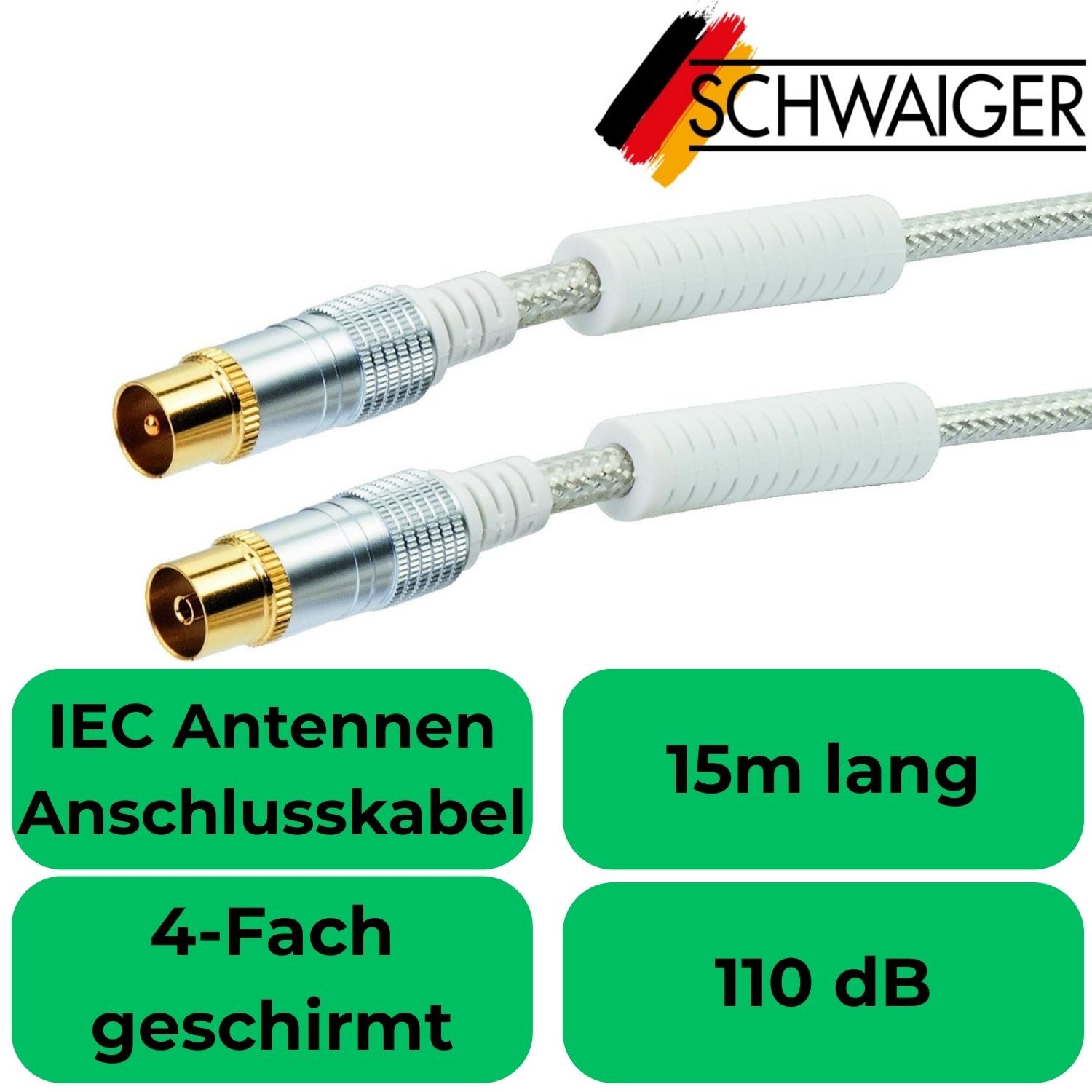 Schwaiger HQ 15m Antennen-Kabel 110db Koaxial-Kabel IEC Video-Kabel, Koaxial, Koaxial (1500 cm), Koax-Kabel Full HD TV 8K 4K UHD HD+ HDR 110 db Ferrit-Filter