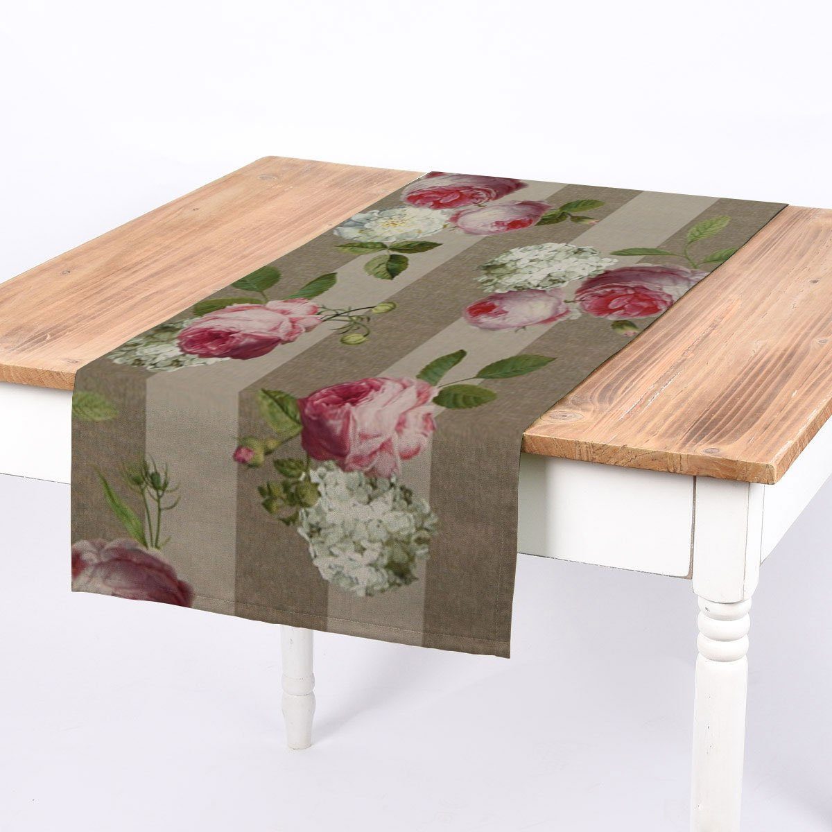 SCHÖNER LEBEN. Tischläufer SCHÖNER LEBEN. Tischläufer Outdoor Hortensien hellgrau grün pink weiß, handmade