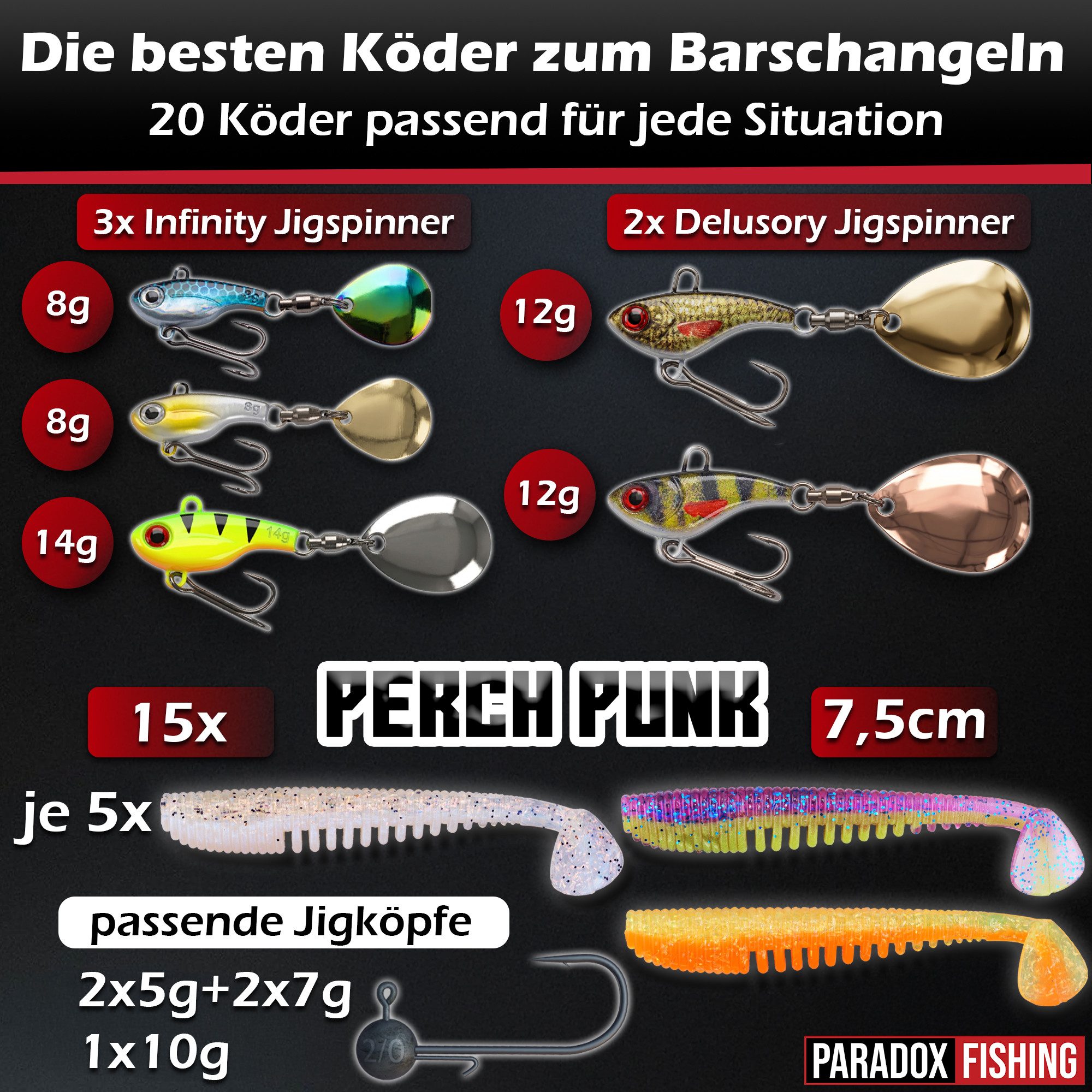 Paradox Fishing Spinnrute Barsch Komplett Set Firetiger Spinnrute 5-20g + 2000 Infinity Rolle, (Rute + 2000 Rolle + Köderset), Komplett-Starterset