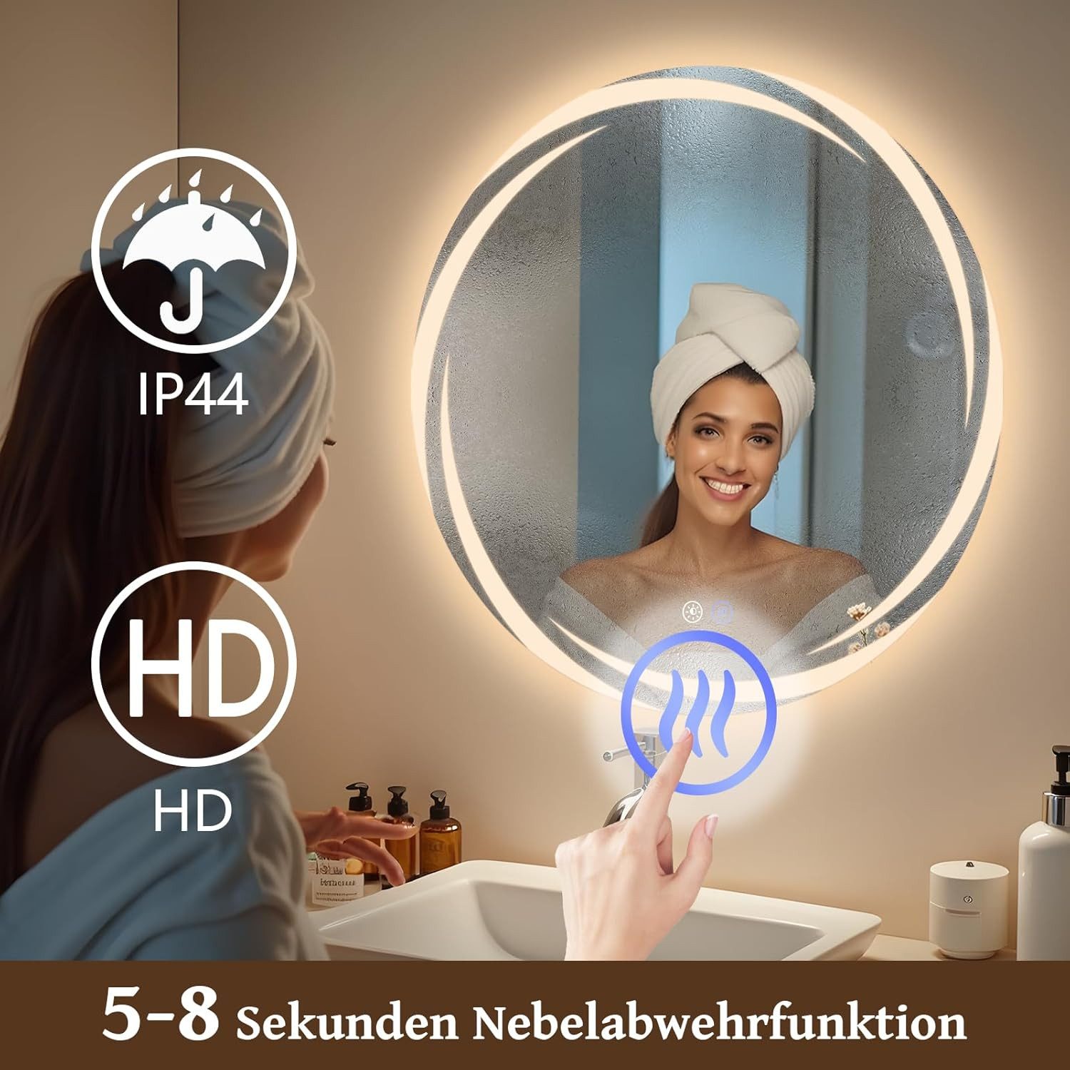 ZMH Badspiegel rund mit Beleuchtung, LED Badezimmerspiegel 3 Lichtfarben dimmbar, Touch-Schalter, Anti-Beschlag, Wandspiegel – Bild 4 von 5