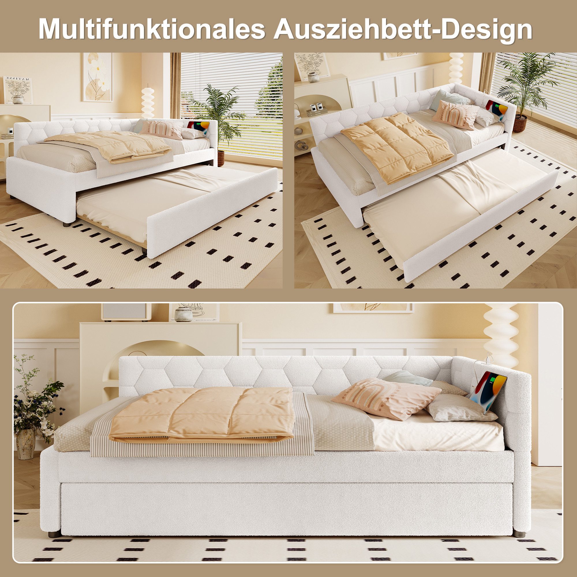 Merax Daybett (1 tlg), Polsterbett Tagesbett Schlafsofa 90x200cm mit Ausziehbett USB & Typ-C