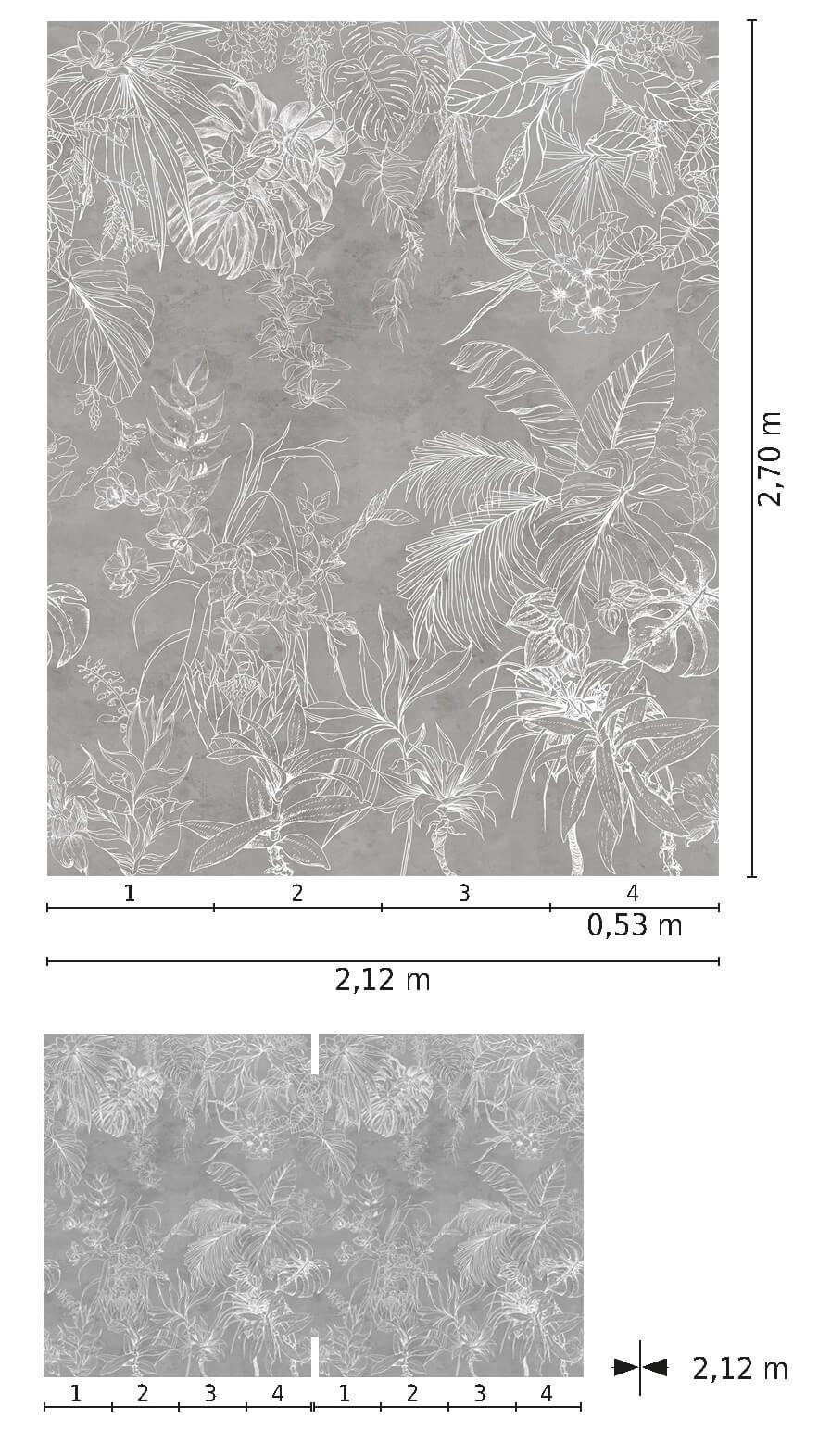 Newroom Vliestapete, [ 2,7 x 2,12m ] großzügiges Motiv - kein wiederkehrendes Muster - nahtlos große Flächen möglich - Fototapete Wandbild Blumen Dschungel Blätter Made in Germany