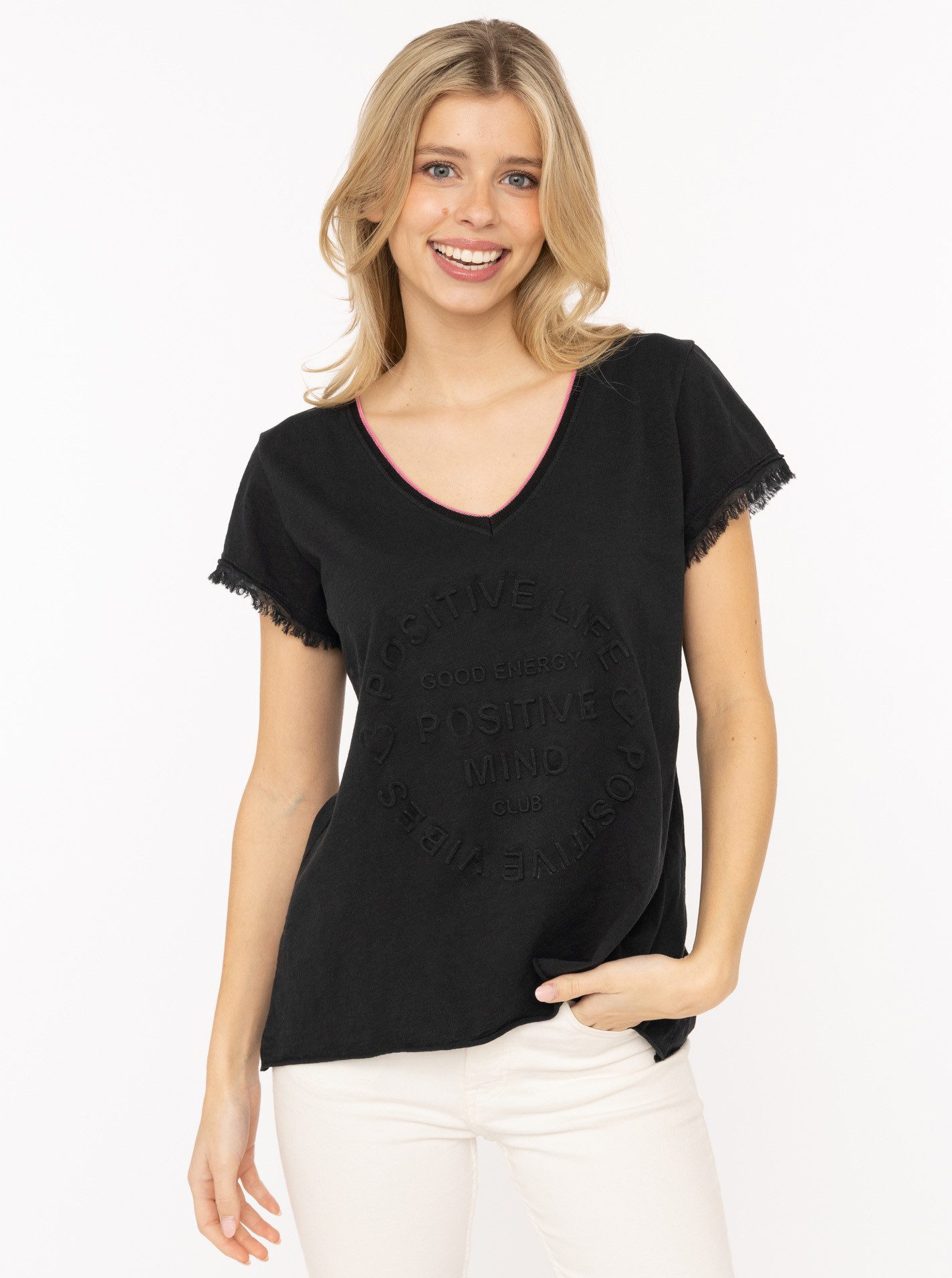 Zwillingsherz Kurzarmshirt "Positive Mind Neonkante" ausgefranste Kanten, V günstig online kaufen