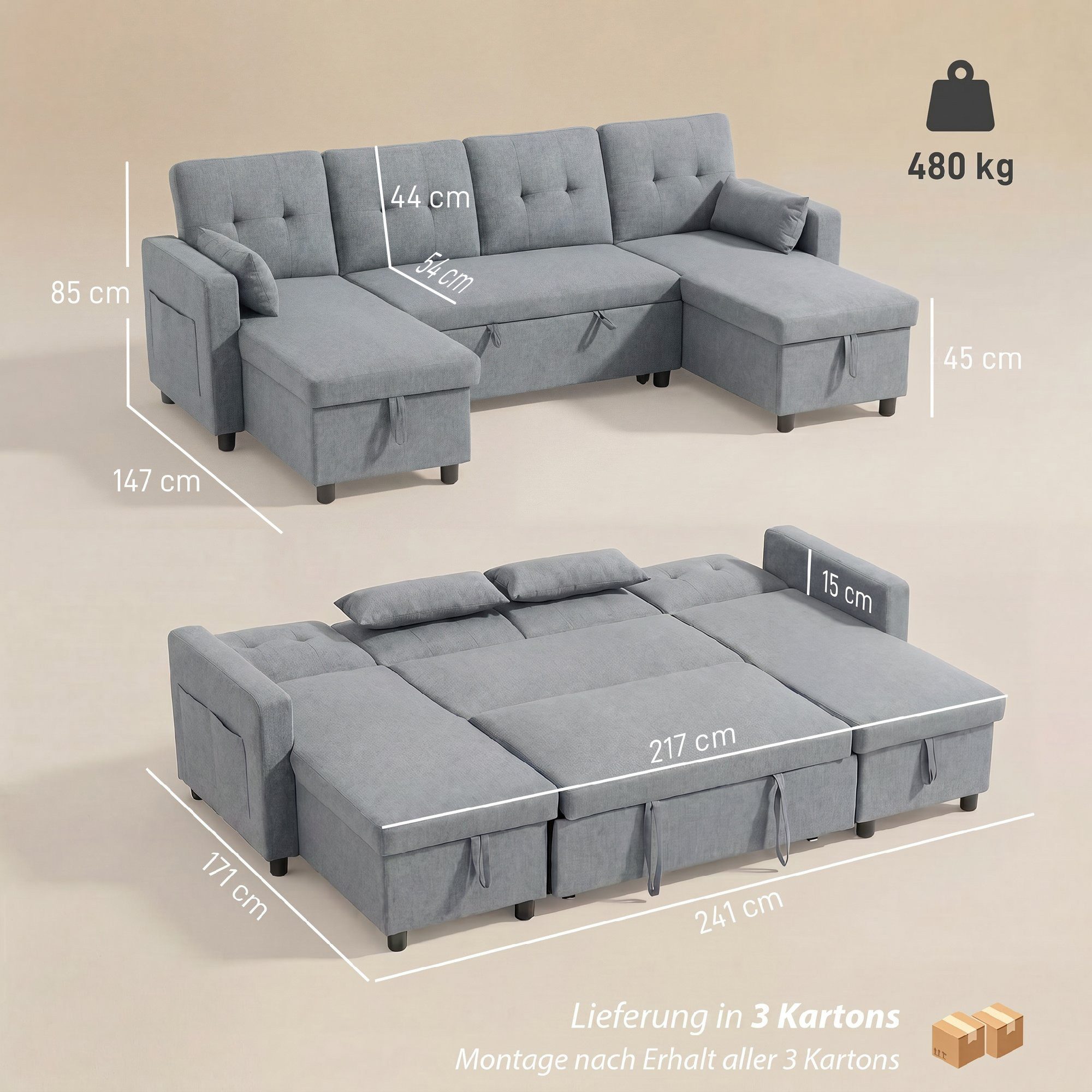 HOMCOM Ecksofa Ausziehbares Schlafsofa Schlafcouch mit Kissen, Eckcouch 1 Teile, 3-fach verstellbare Rückenlehne, Bettkasten, Schlafsofa