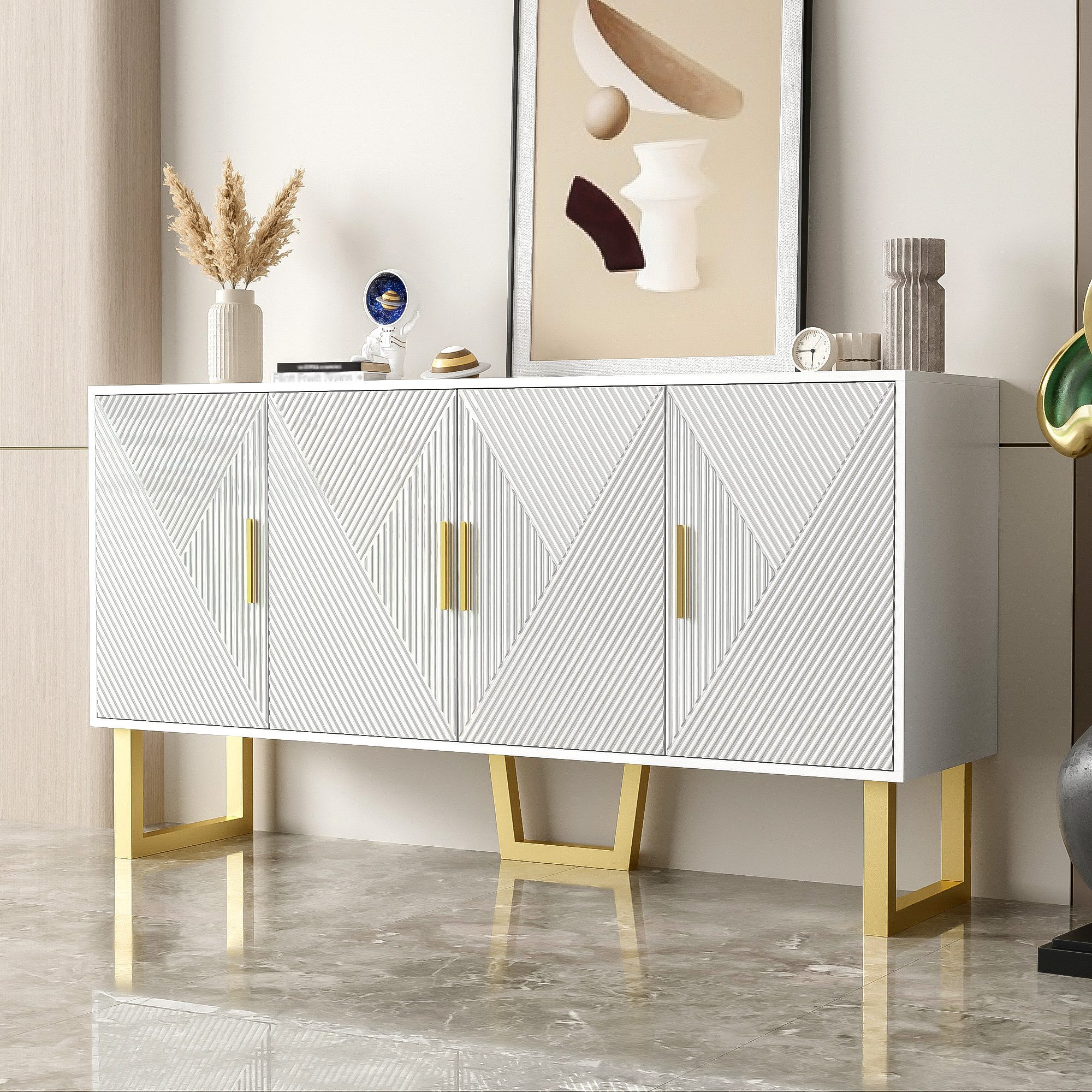 MODFU Sideboard Wohnzimmerschrank in Hochglanz Weiß – 150x82x40 cm (Wohnzimmerschrank, 1 St., 4 Türen, höhenverstellbare Regale, goldene Griffe), Strukturierte Fronten – eleganter Stauraum für Esszimmer und Diele