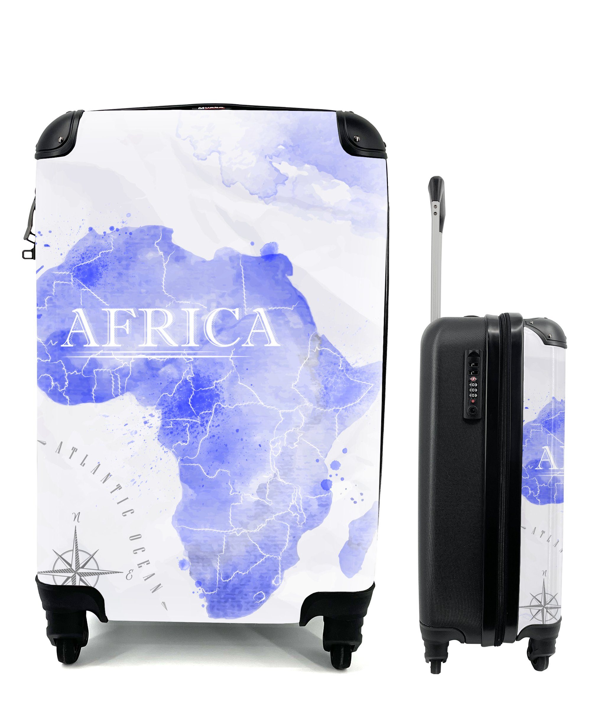 Reisetasche Rollen, Wasserfarben rollen, Trolley, Blau, MuchoWow Weltkarten mit - - Reisekoffer Handgepäck 4 Ferien, Handgepäckkoffer für