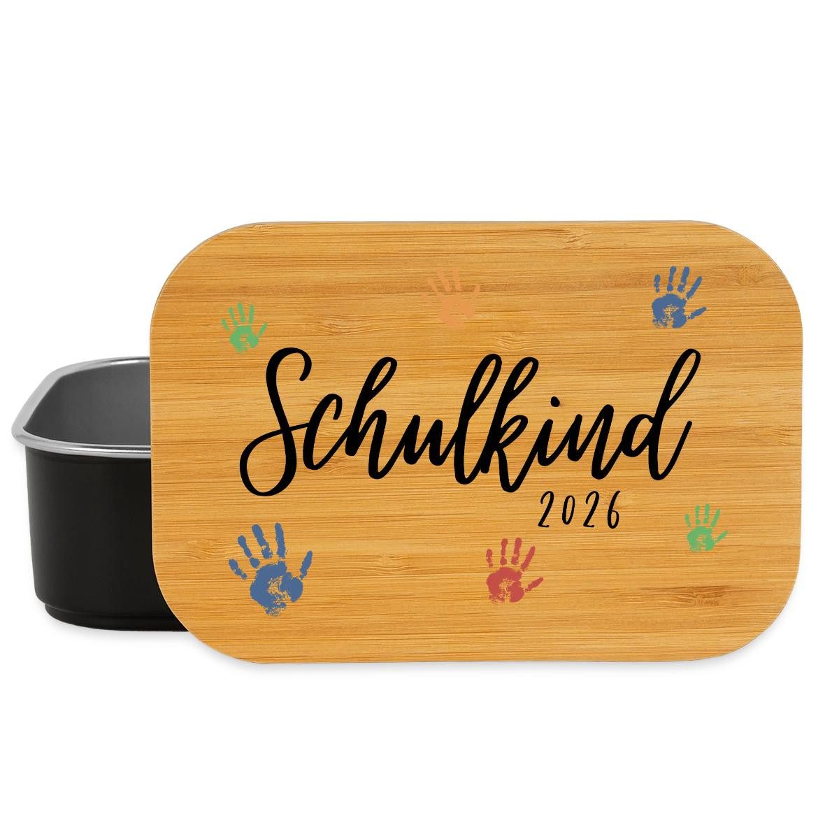 Spreadshirt Lunchbox Schulkind 2026 Bunte Handabdrücke Einschulung Brotdose mit Bambusdecke, Edelstahl, Bambus