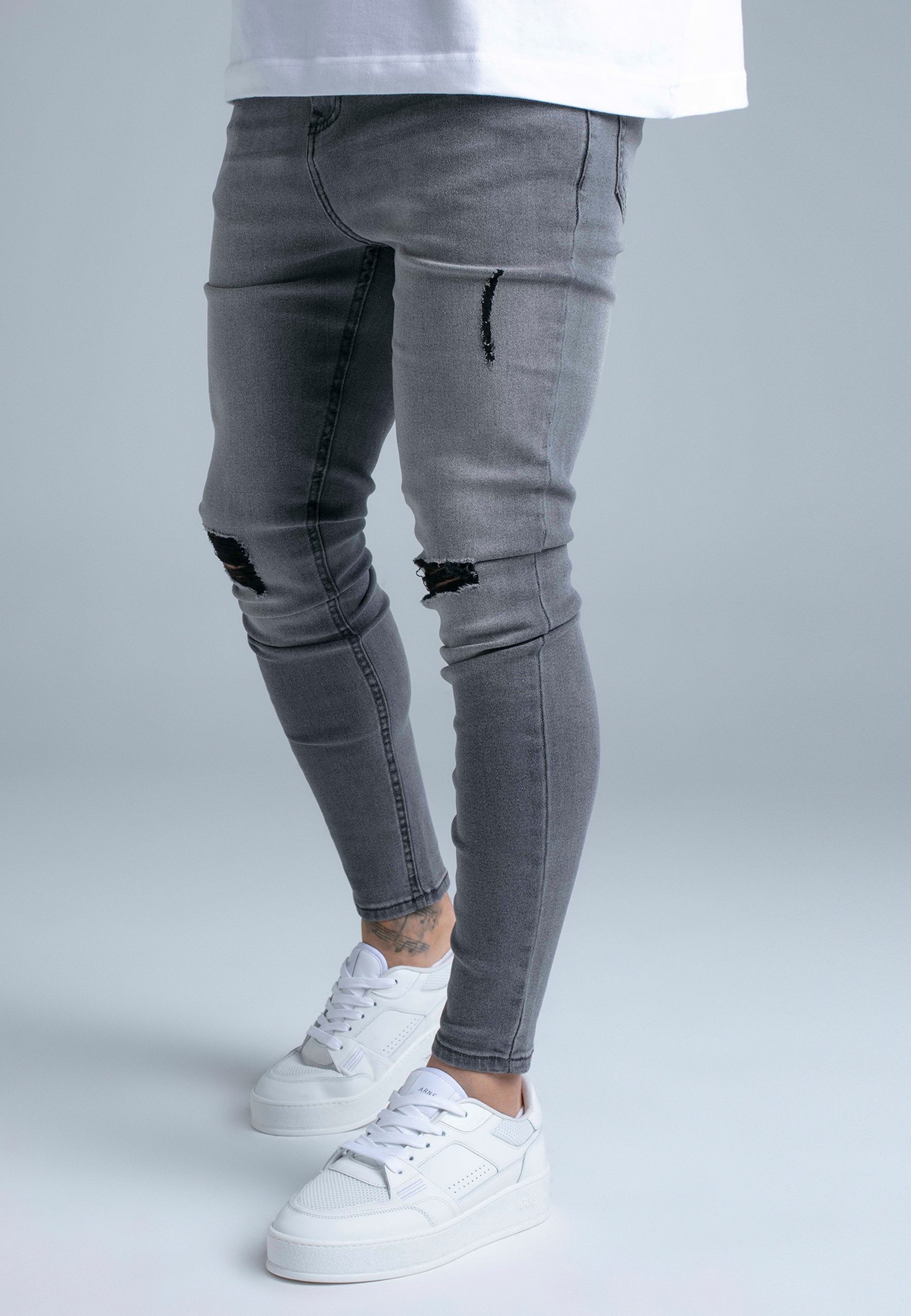 Regular-fit-Jeans SikSilk Herren Graue Distressed Skinny Jeans