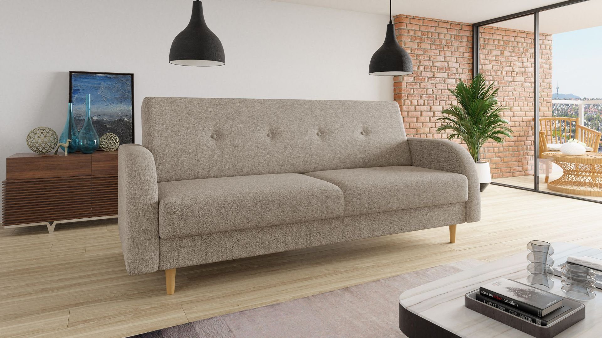 Sofnet Schlafsofa Twist mit Bettkasten, und und Schlaffunktion Kelso, 02 Bettsofa mit Wellenfeder Holzfüße