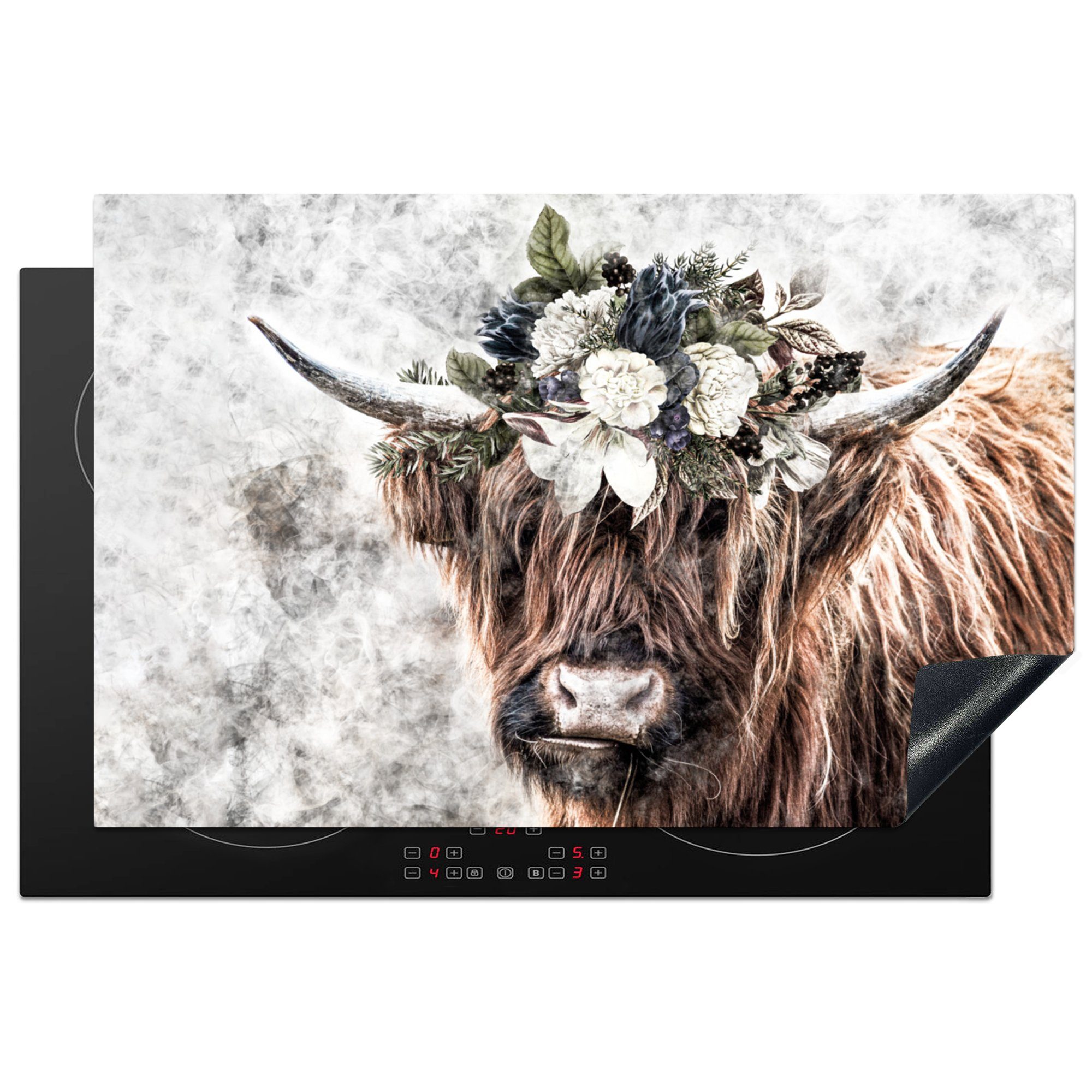 MuchoWow Herdblende-/Abdeckplatte Schottischer Highlander - Rauch - Bouquet, Vinyl, (1 tlg), 81x52 cm, Induktionskochfeld Schutz für die küche, Ceranfeldabdeckung