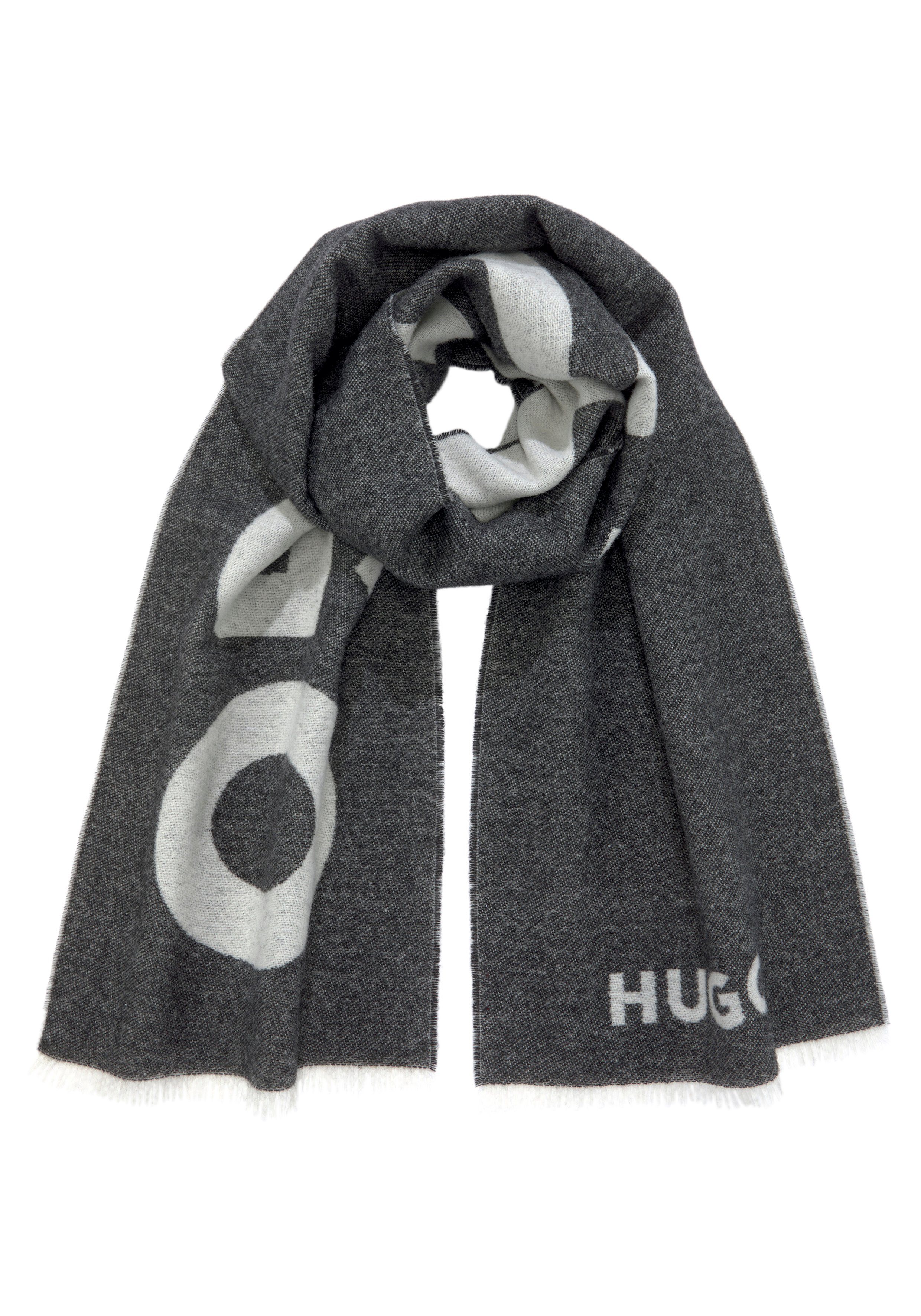 HUGO Schal Alexie, aus Woll-Mix mit Kontrastfarbenem Hugo-Logo, 200 x 32 cm Schwarz (001)
