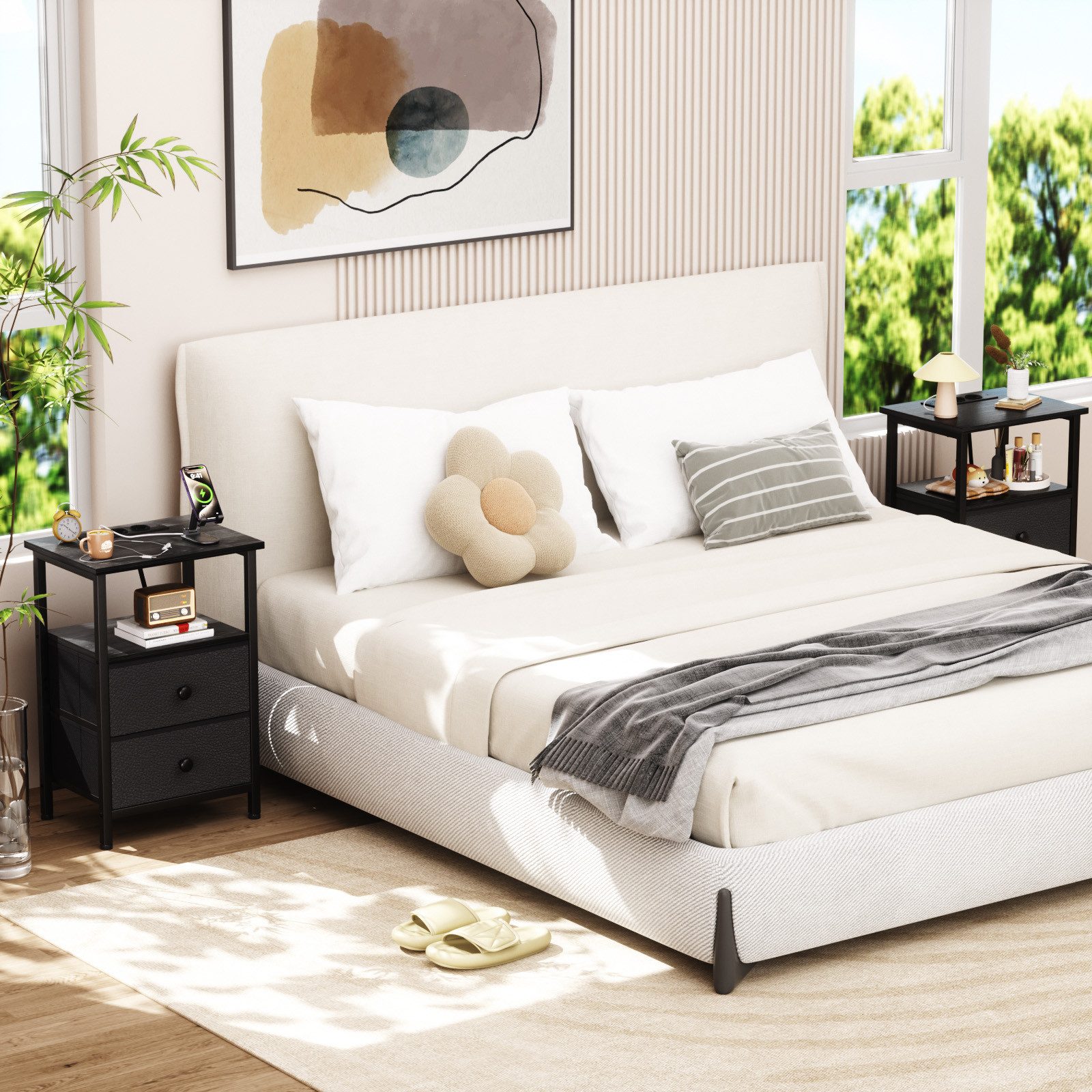 AMHANCIBLE Nachttisch mit Ladefunktion und zwei Schubladen, 2 USB-Anschlüsse, 40 x 30 x 60cm (1-St), ideal für Schlaf- und Wohnzimmer – Bild 5 von 5