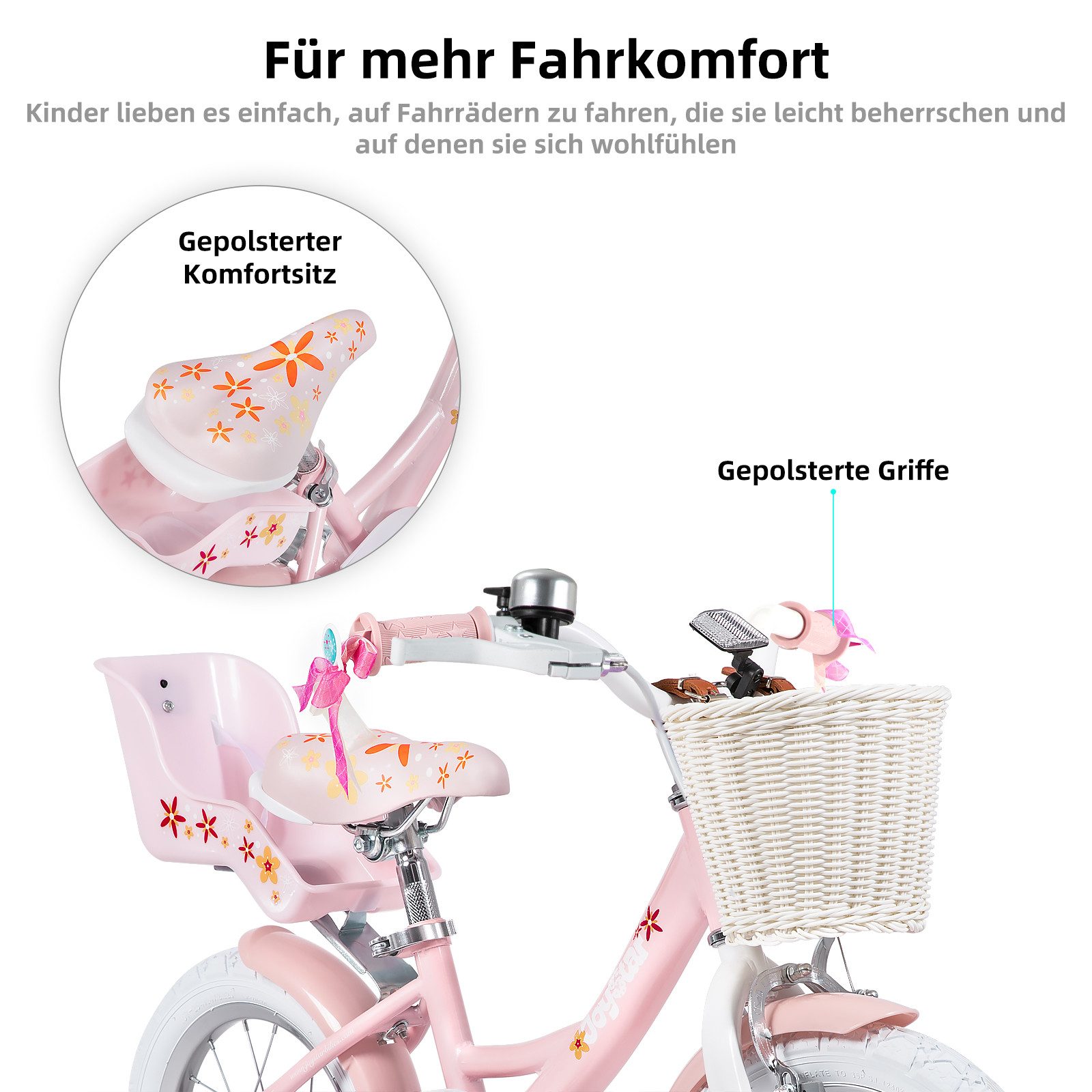 JOYSTAR Kinderfahrrad 12 14 16 18 Zoll Mädchenfahrrad, 2-9 Jahre, Geschenk für Prinzessin, 1 Gang, Puppenradsitz & Stützrädern& Korbstreamer, 18 Zoll mit Stützr – Bild 5 von 5