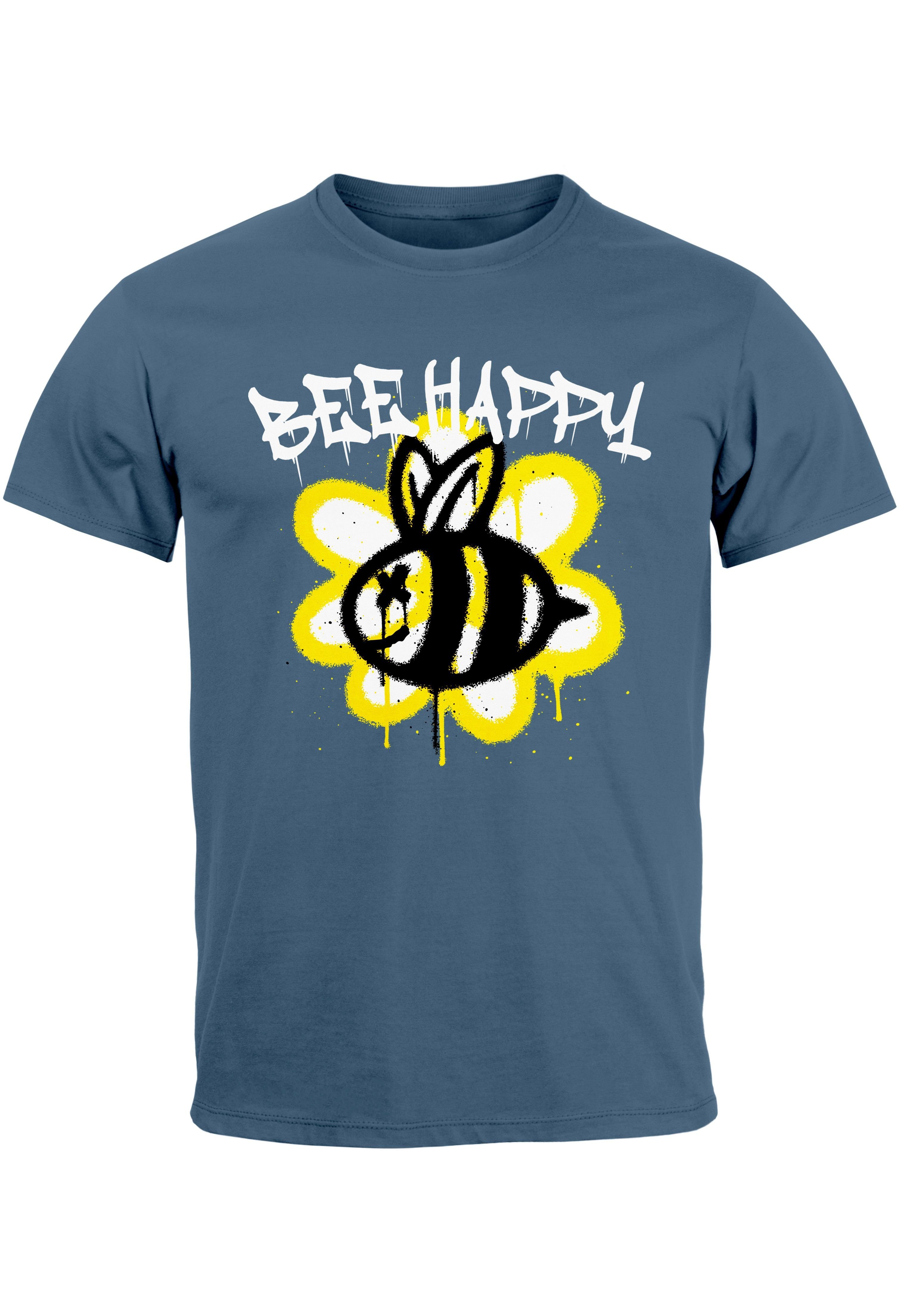 Neverless Print-Shirt Herren T-Shirt Aufdruck Bee mit denim Happy Print Biene Blume blue SchriftzugFashi Graffiti