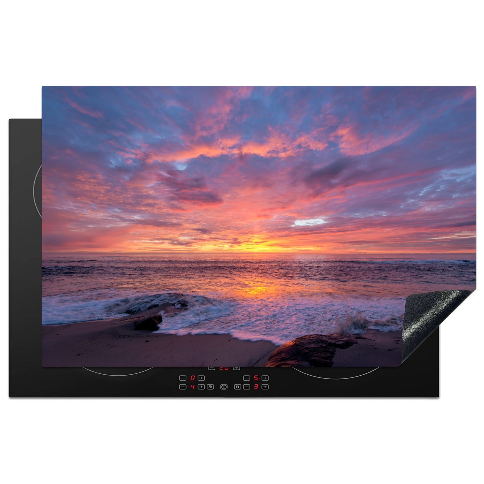 MuchoWow Herdblende-/Abdeckplatte Ein farbenprächtiger Sonnenuntergang am Meer, Vinyl, (1 tlg), 81x52 cm, Induktionskochfeld Schutz für die küche, Ceranfeldabdeckung
