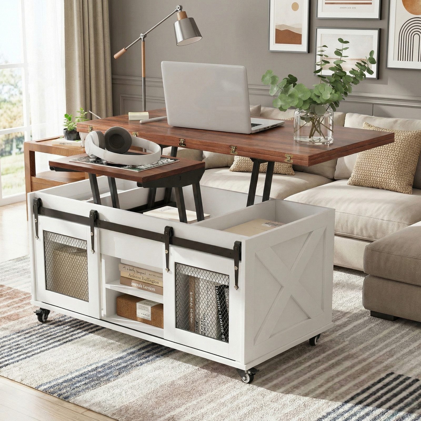 VOWNER Couchtisch 3-in-1 Wohnzimmertisch mit Rollen & Versteckaufbewahrung (1-St), Höhenverstellbarer Esstisch, Bauernhausstil