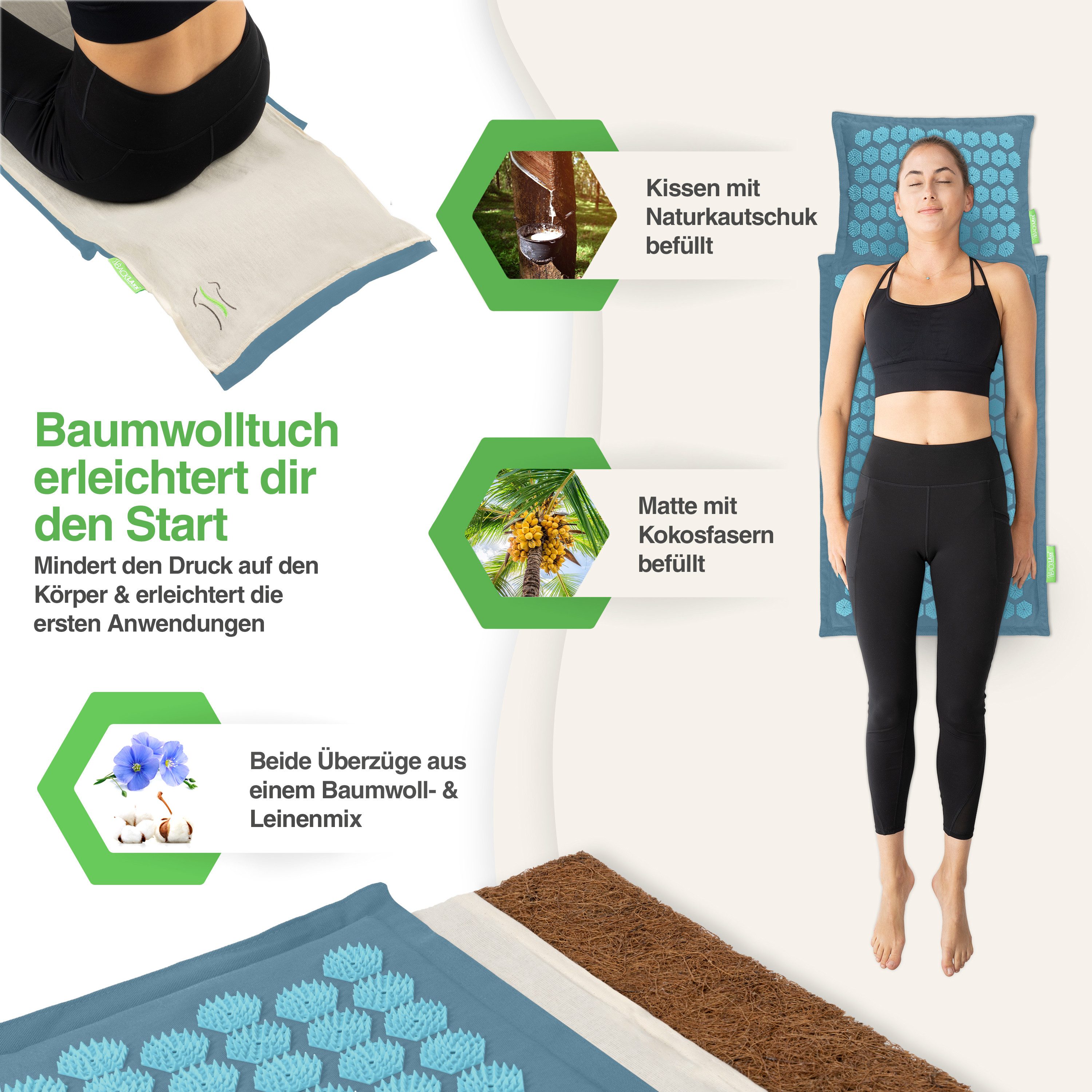 BACKLAxx® Akupressurmatte Set "Original" - Akupunkturmatte mit Stacheln (5-tlg. Akupressur Set, inkl. Akupressurmatte - & Kissen, Lendenkissen, Tragetasche & Tuch), Matte mit 9.600 Spitzen, Kissen mit 3.168 Spitzen