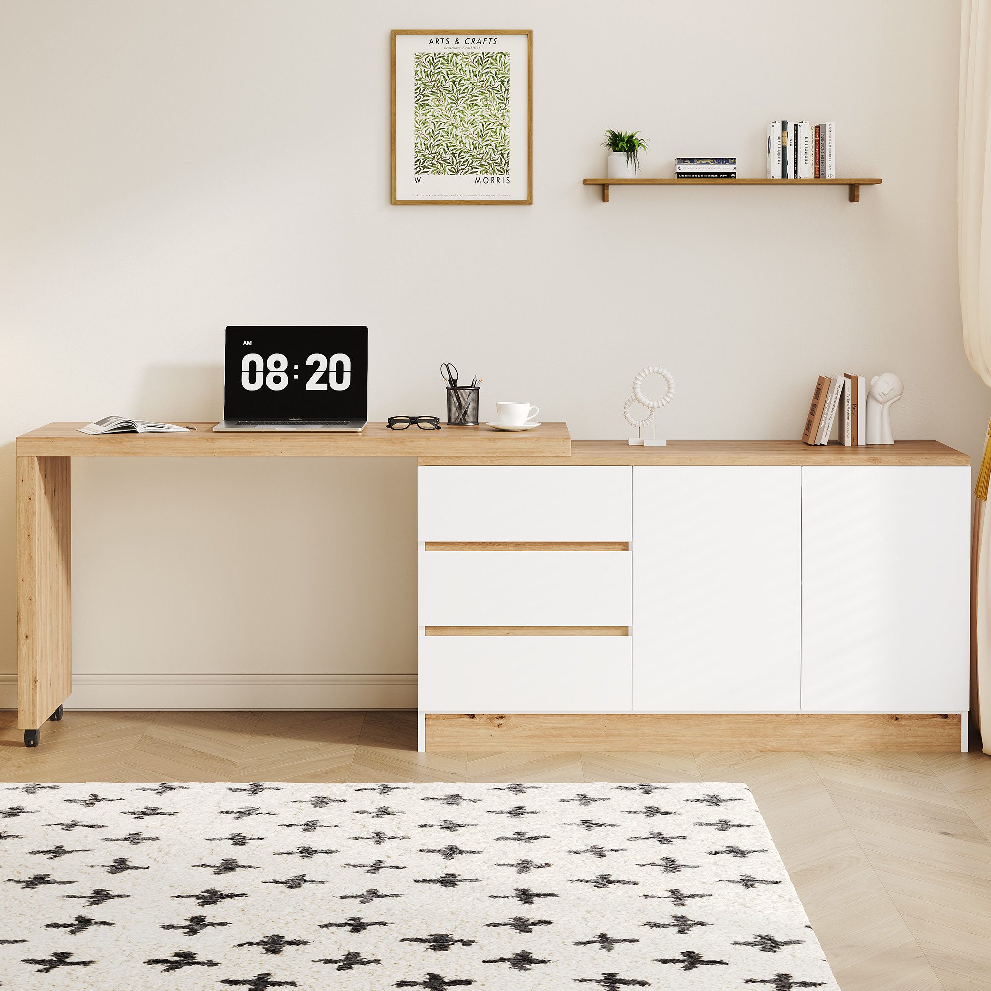Merax Eckschreibtisch 2-in-1 Schreibtisch mit 3 Schubladen und 2 Türen (1-St., Sideboard auf Rollen), Drehbarer Computertisch mit Stauraum