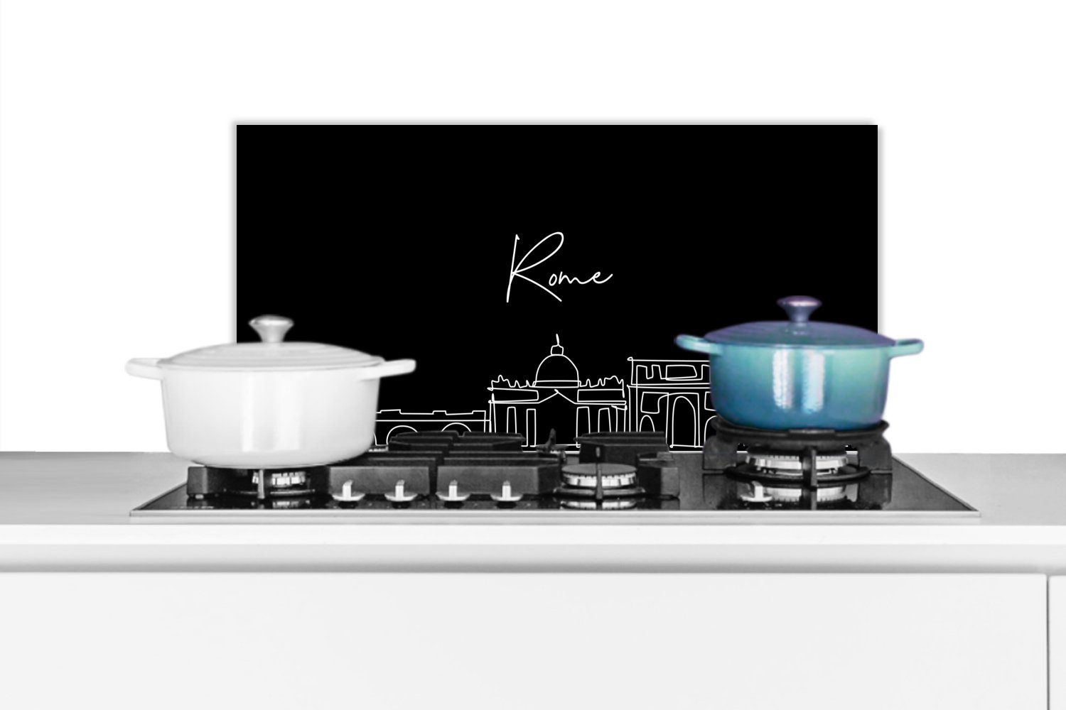 MuchoWow Küchenrückwand Rom (1-tlg), Küchen - Wandschutz, und Fett - Strichzeichnung Skyline für weiß - cm, Schmutzflecken Schwarz 60x30 Italien, gegen und 