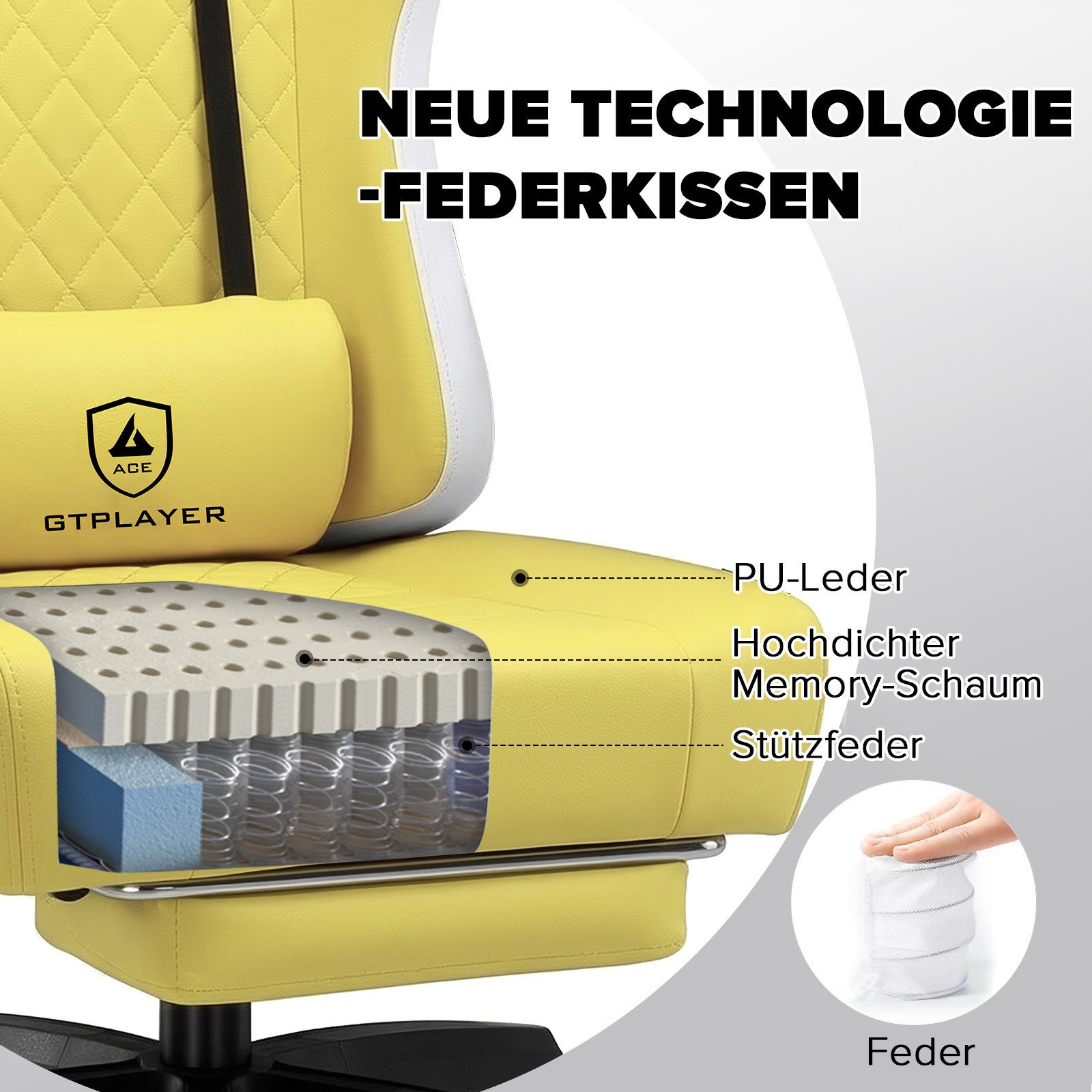 GTPLAYER Gaming-Stuhl Ergonomischer Gaming Sessel Schreibtischstuhl Kunstleder, Federsitzkissen, Verbindungsarmlehnen und Fußstütze 150KG