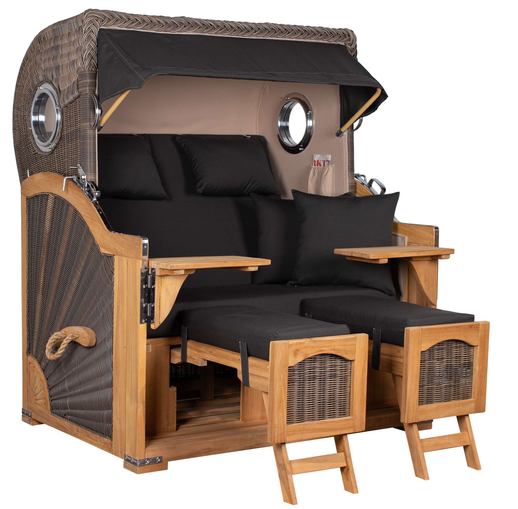 MR.DEKO Strandkorb XL Düne Grande wetterfest Teak PE Shell 2,5 Sitzer mit Bullauge, BxTxH: 142x95x170 cm, Volllieger, Düne, (Fertig montierter Strandkorb für Garten, Terrasse & Balkon), Wetterfester Volllieger mit Edelstahlbeschlägen & waschbaren Polstern