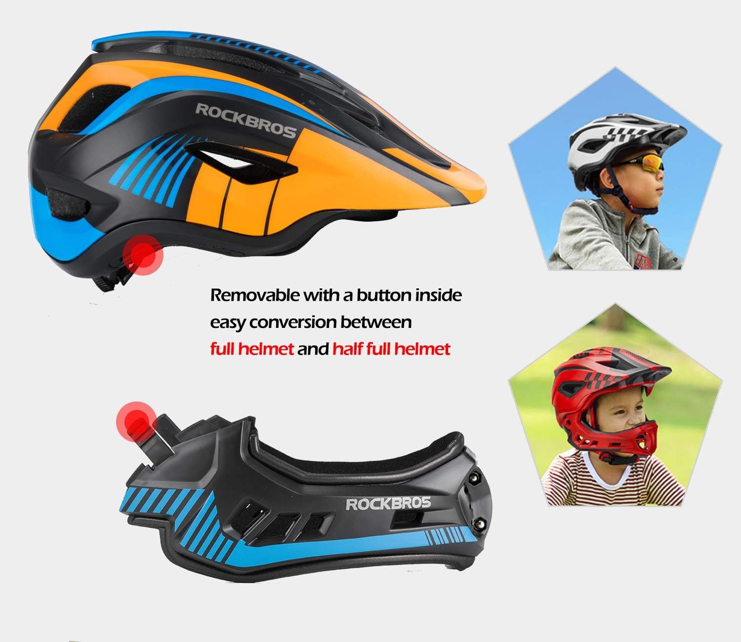ROCKBROS Kinderhelm Integriert Fahrradhelm Kinder Jugend Fullface Helm (S 48-53cm M 53-58cm), mit Abnehmbarem Kinnschutz BMX MTB Downhill Helm
