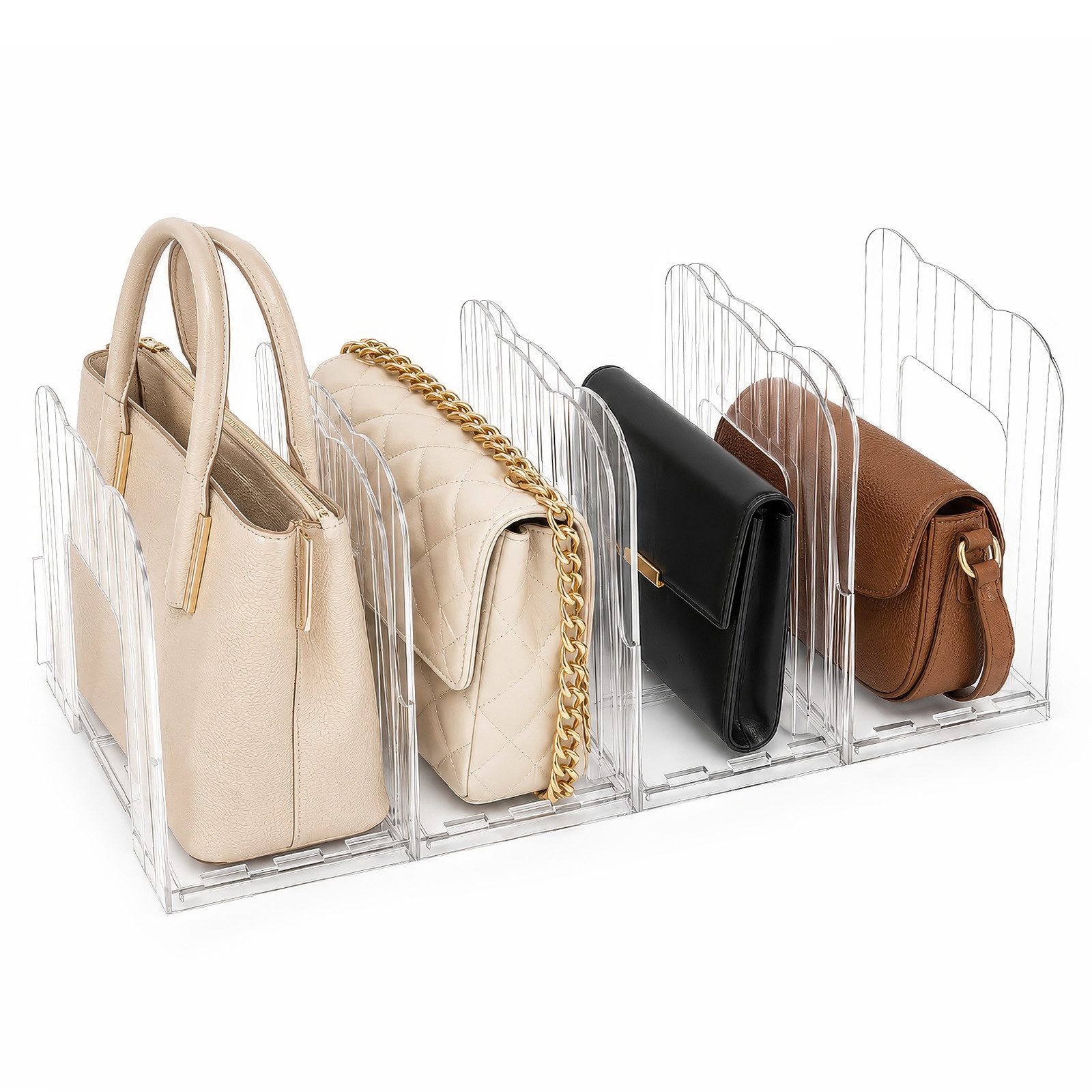 BlingBin Taschenorganizer Verstellbarer Handtaschen organizer 4 Fächer, 36–59,5 cm (Handtaschenhalter, 1-tlg., transparente aufbewahrung), Taschenaufbewahrung, Regaltrenner für Bücher Clutch Tragetaschen
