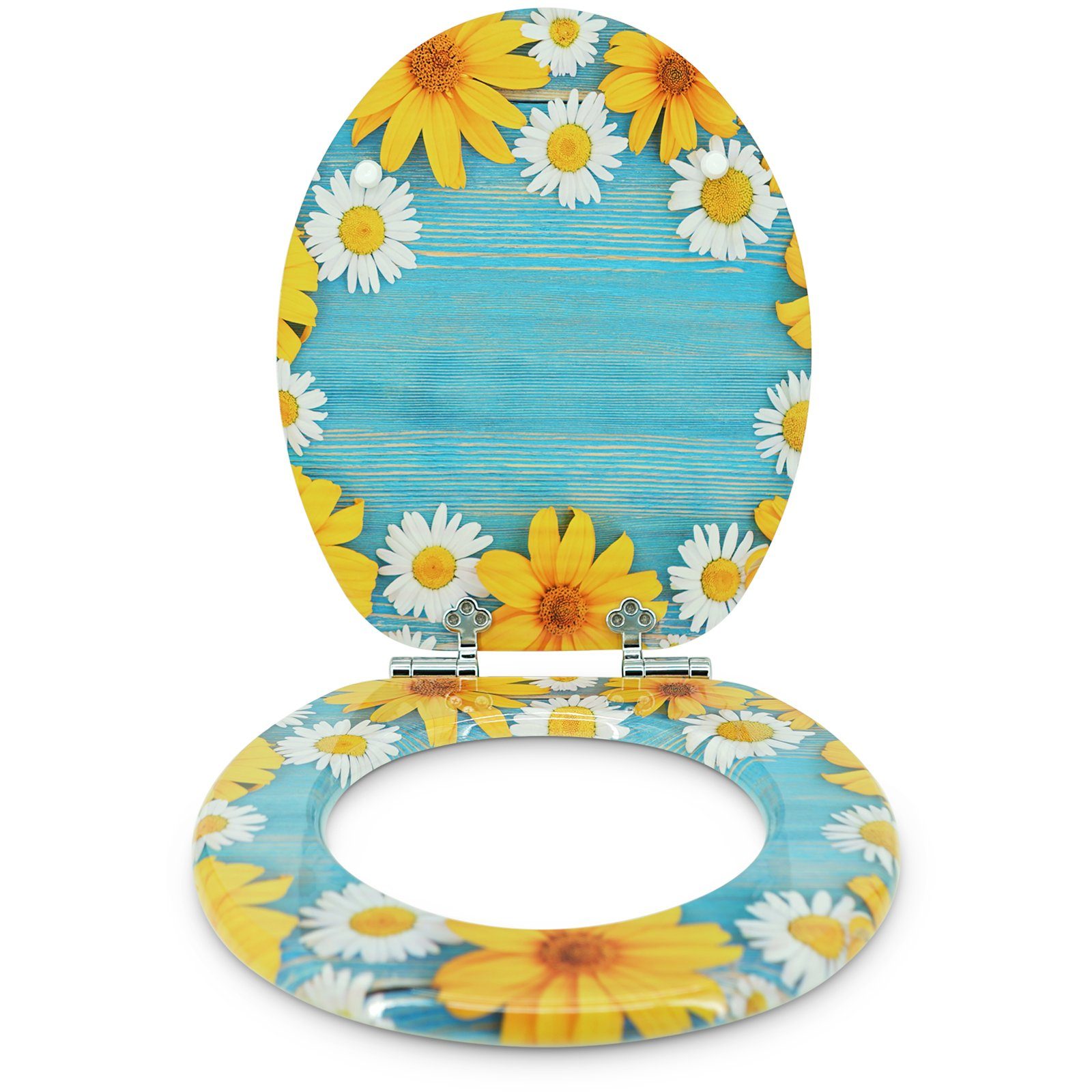 Sanfino WC-Sitz "Daisies" Premium Toilettendeckel mit Absenkautomatik aus Holz, mit schönem Blumen-Motiv, hohem Sitzkomfort, einfache Montage – Bild 3 von 5