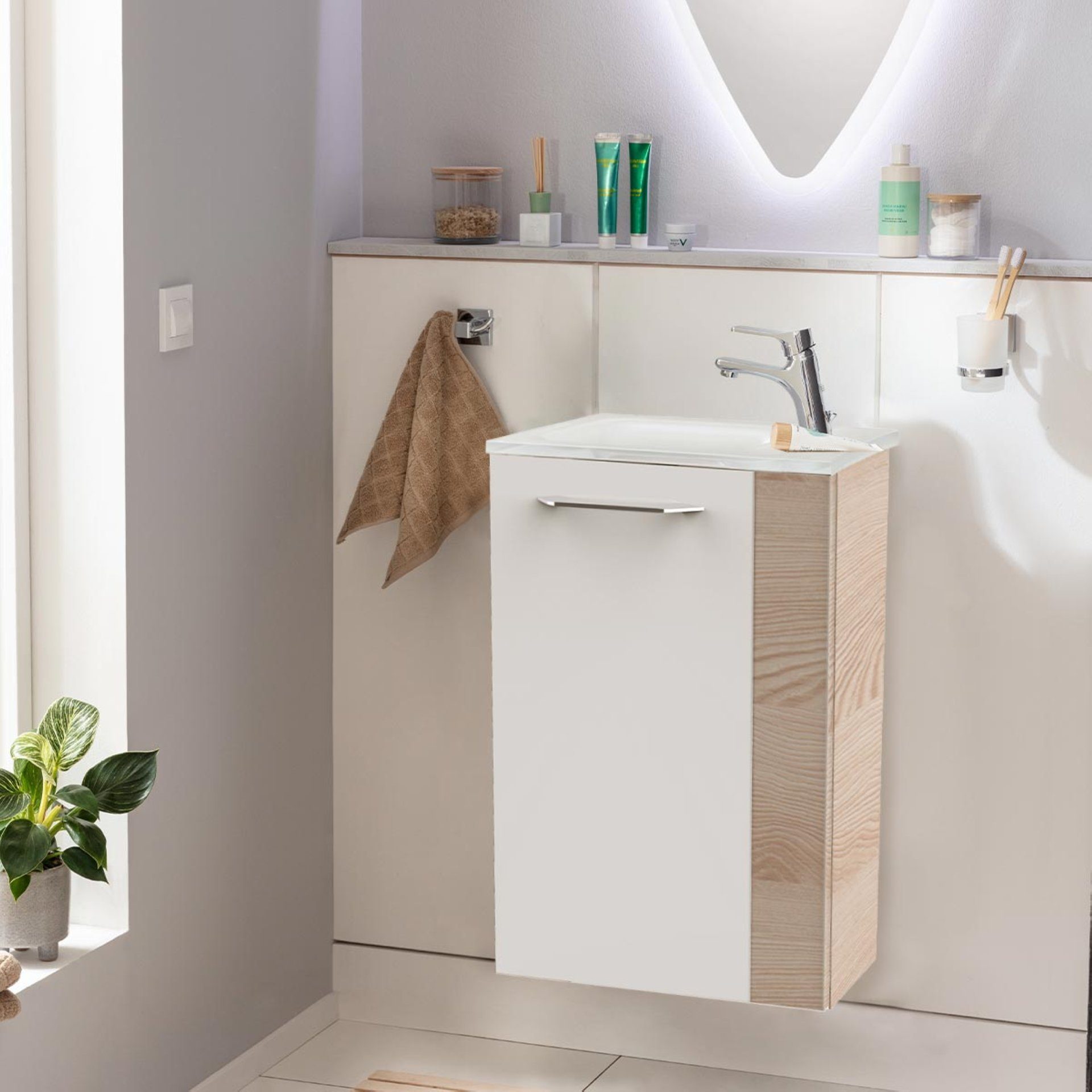 Thumbnail - FACKELMANN Waschbecken SBC B. CLEVER Gäste WC Set 2-teilig 45 cm, Braun hell