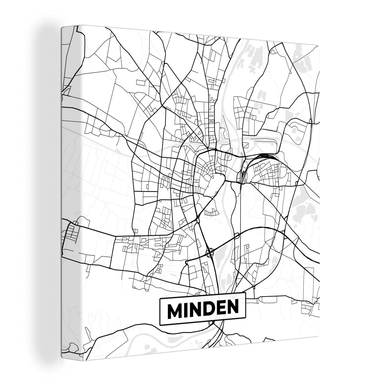 OneMillionCanvasses® Leinwandbild Minden - Stadtplan - Karte, (1 St), Leinwand Bilder für Wohnzimmer Schlafzimmer