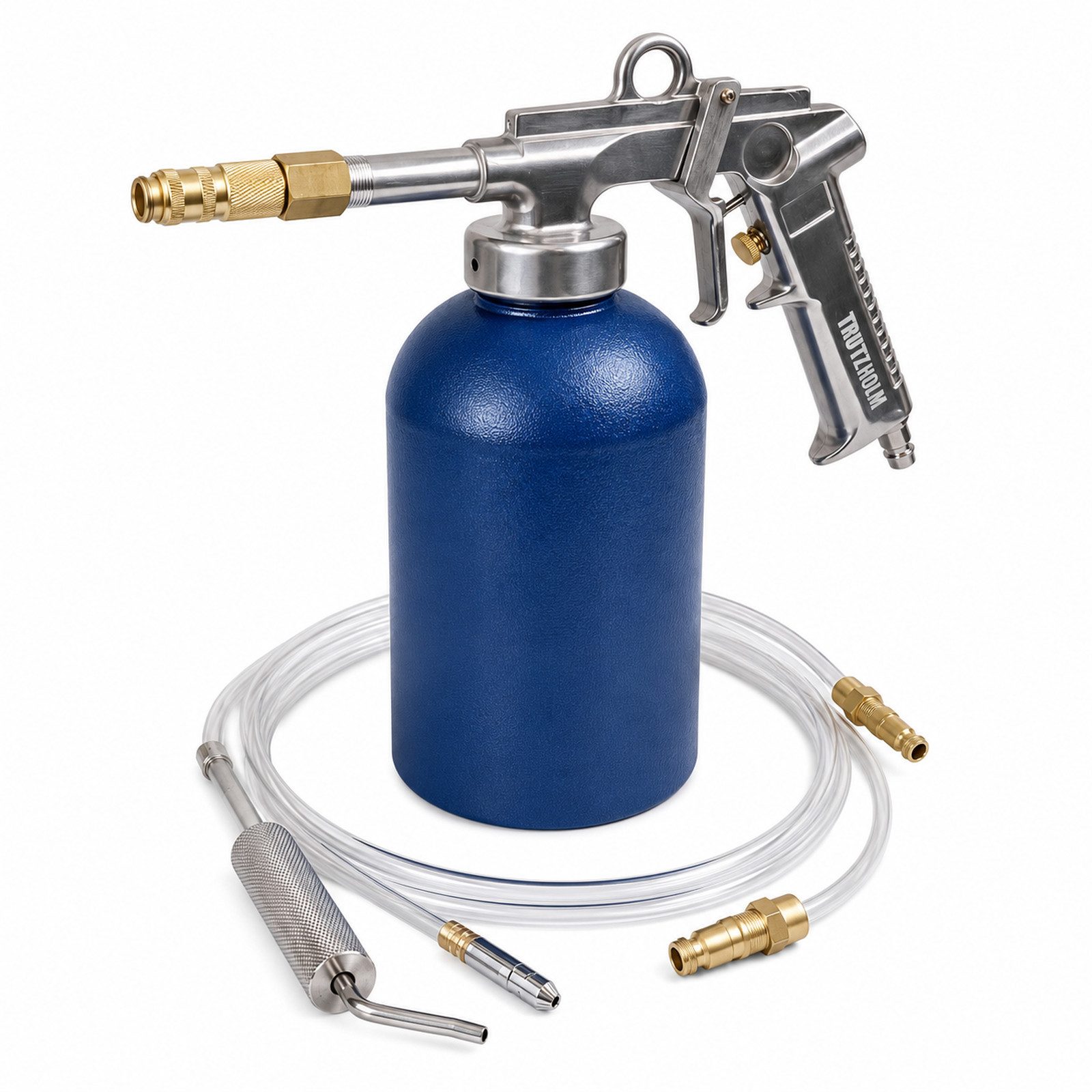TRUTZHOLM Lackierpistole Druckbecherpistol zur Hohlraumversiegelung Hakendüse Runddüse, Mit 1100ml Tank, Inkl. Schläuche, Runddüse, Hakendüse