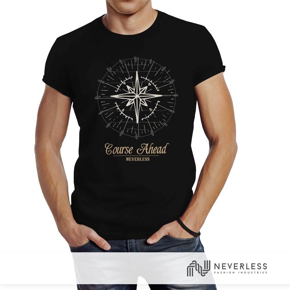 Neverless Print-Shirt Herren T-Shirt Kompass Windrose Navigator Segeln Slim Fit mit Print