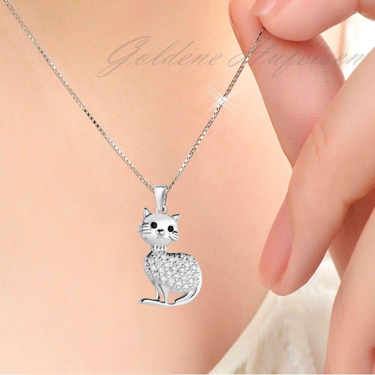 Goldene Hufeisen Kette mit Anhänger Halskette Silber Katze 925 Sterling Zirkonia Anhänger mit Kette Kater, 925 Sterling Silber Silberschmuck für Damen, mit Zirkonia