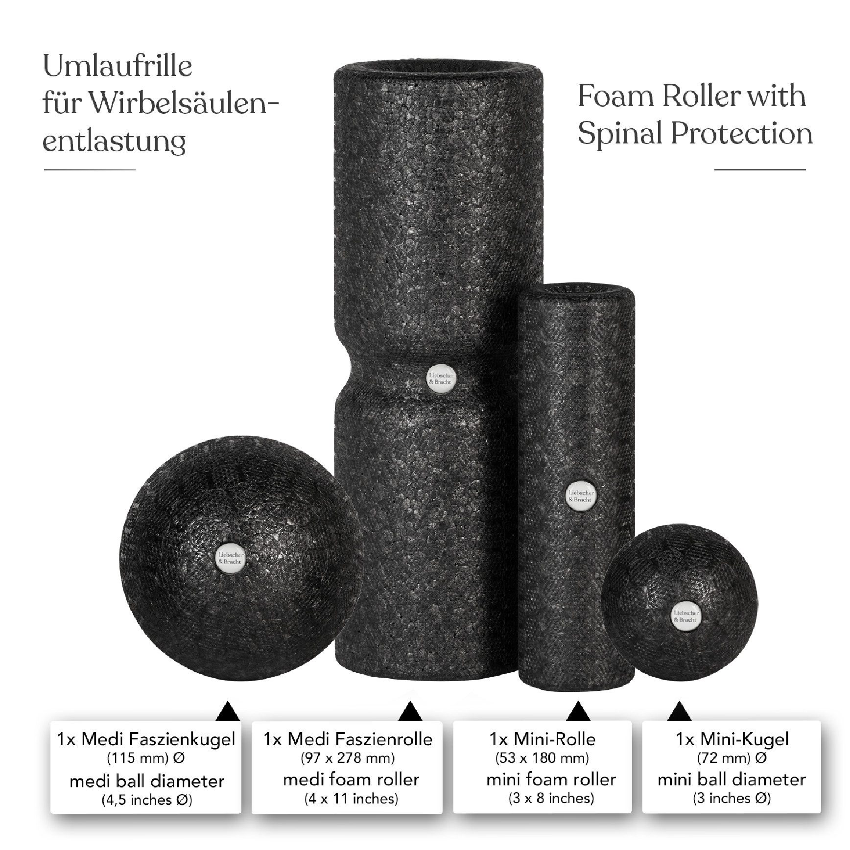 Liebscher & Bracht Massagerolle Liebscher & Bracht Set: Faszienrolle & Faszienball (je 2 Stück, verschiedene Größen), 4-tlg., zum Faszien Training von Muskeln, Bindegewebe und Stoffwechsel), umlaufende Rille zur Wirbelsäulenentlastung, Made in Germany