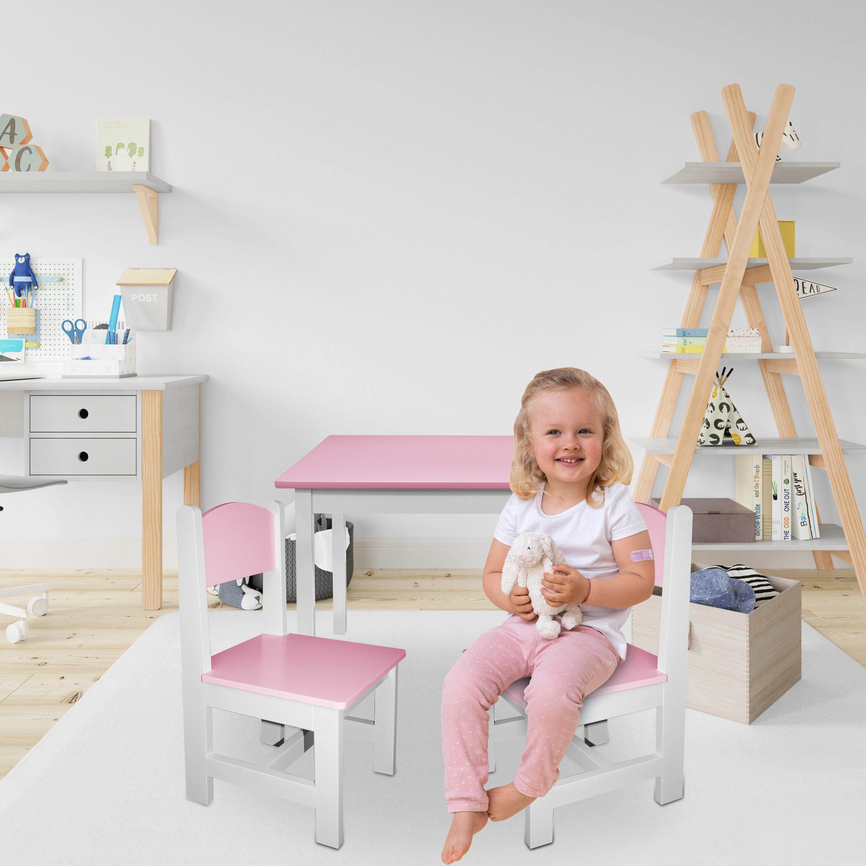 & Kindertisch Stühle Kindermöbelset 2 habeig Hocker Rosa+Weiß Maltisch Kindersitzgruppe 60x50x50cm