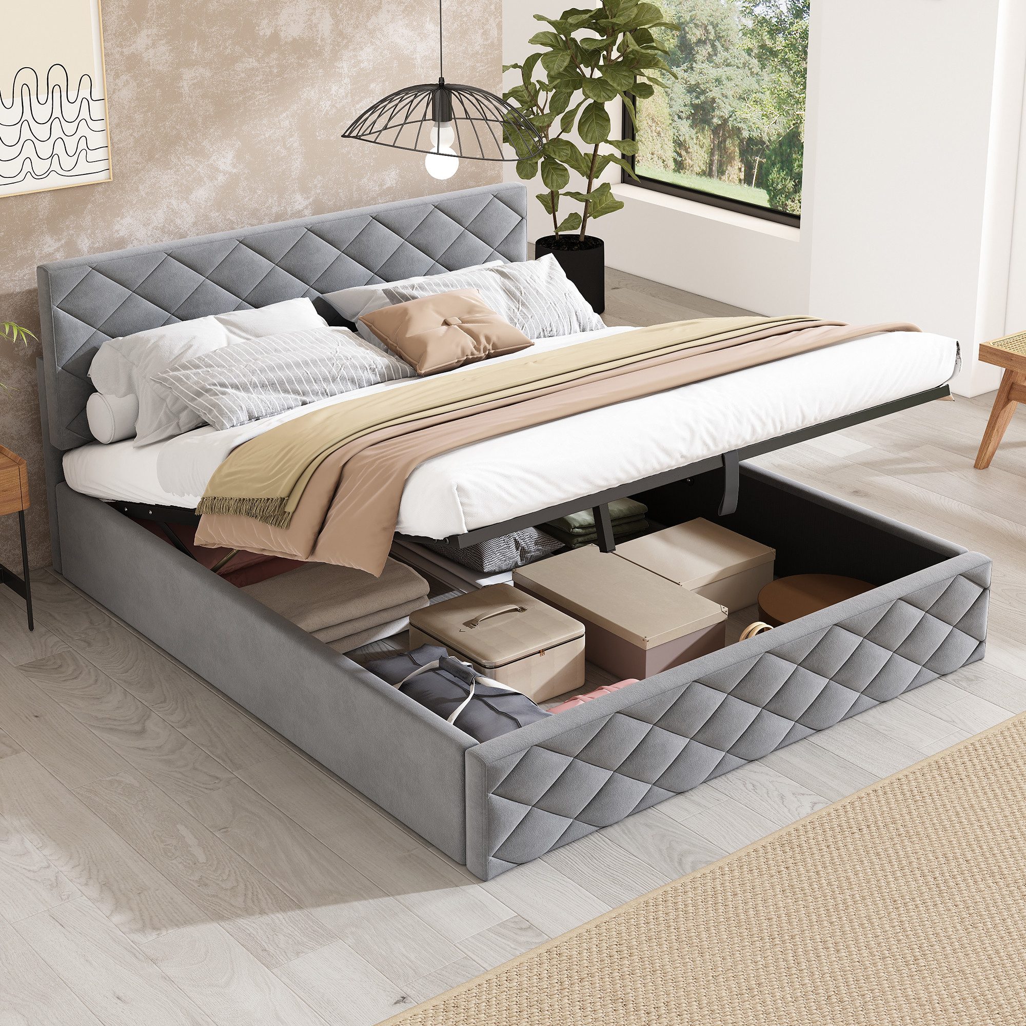 HAUSS SPOLE Polsterbett Polsterbett Boxspringbett hydraulisches Doppelbett Bettrahmen (großer Stauraum, 140 x 200,ohne Matratze), Höhenverstellbares Kopfteil
