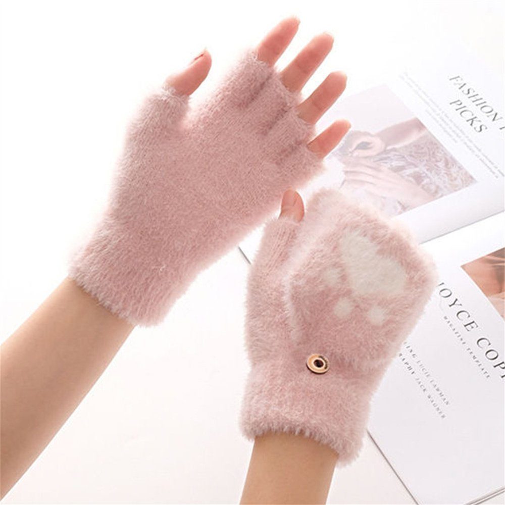 LYDMN Strickhandschuhe Winterhandschuhe, Handschuhe mit halber Fingerklappe Plüsch Anti-Kälte Halb-Finger warme Handschuhe,rosa