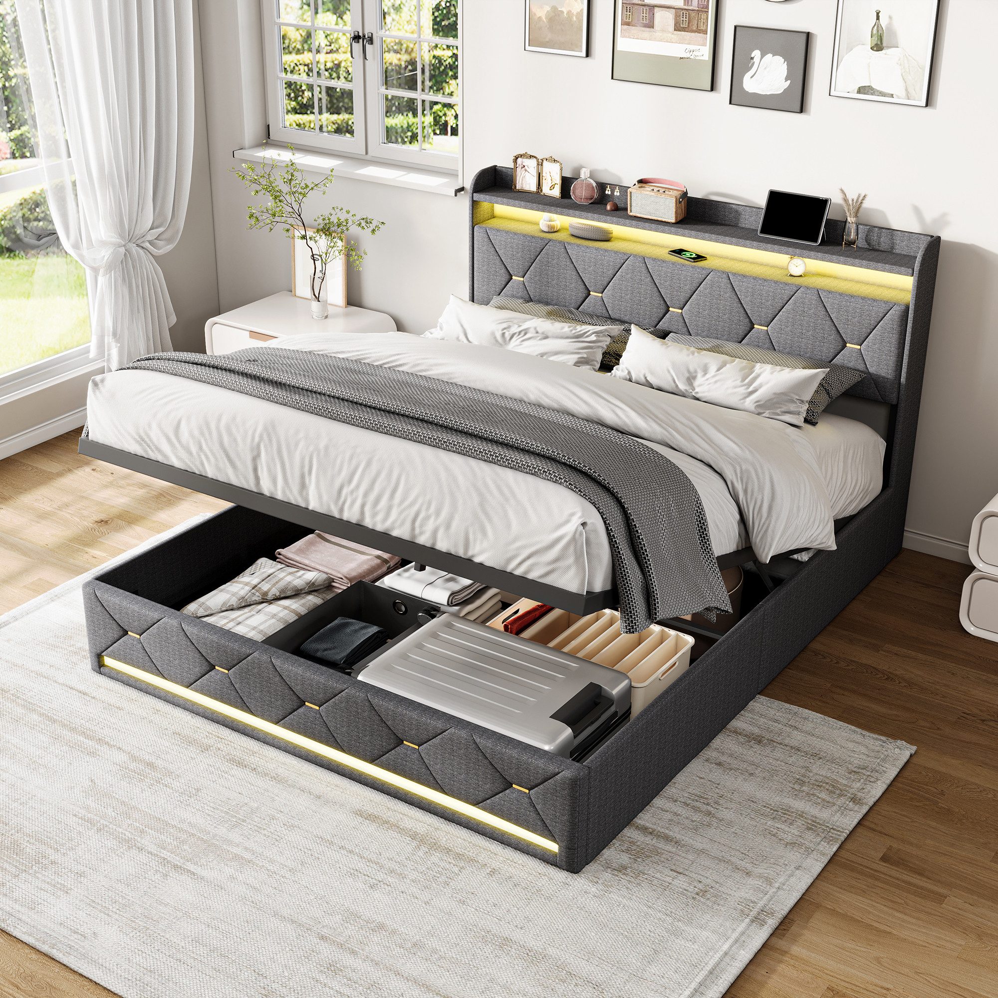 Simurq Boxspringbett polsterbett 140x200,doppelbett mit LED und USB,stauraumbett (Doppelbettgestell,Bett 140x200,Lattenrost), ohne Matratze,Leinen,USB+TypeC