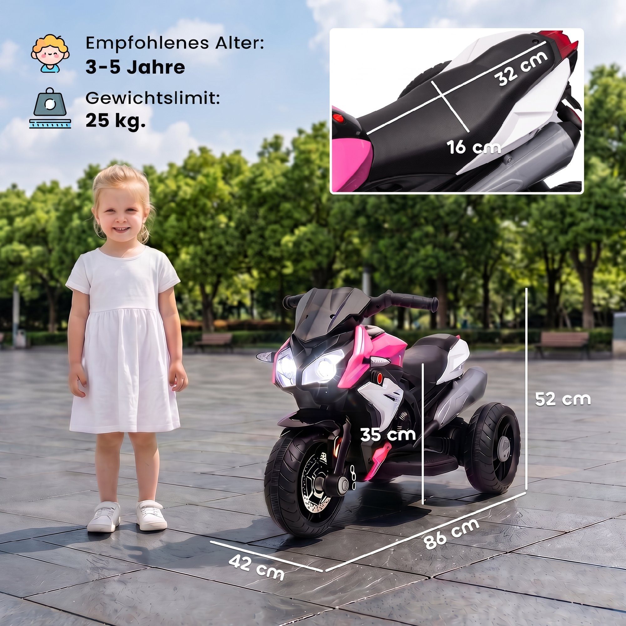 HOMCOM Elektro-Kindermotorrad mit Musik, Scheinwerfer, 25W Motor, 3 km/h, Belastbarkeit 25 kg, (1-tlg), für Kinder von 3-5 Jahren, Rosa+Weiß – Bild 3 von 5