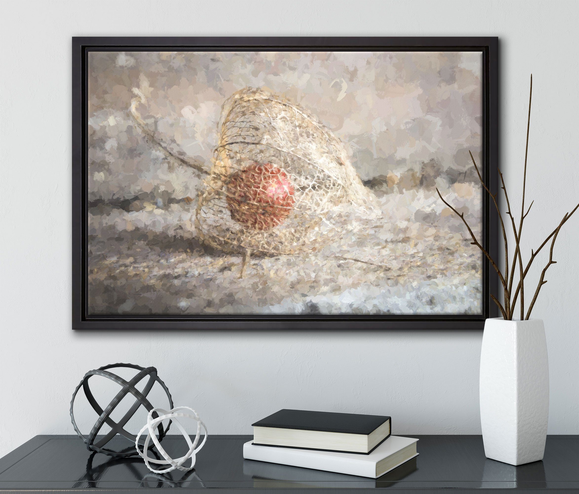 (1 St), Zackenaufhänger inkl. einem Physalis, gefasst, Wanddekoration Leinwandbild Pixxprint fertig bespannt, in Schattenfugen-Bilderrahmen Leinwandbild