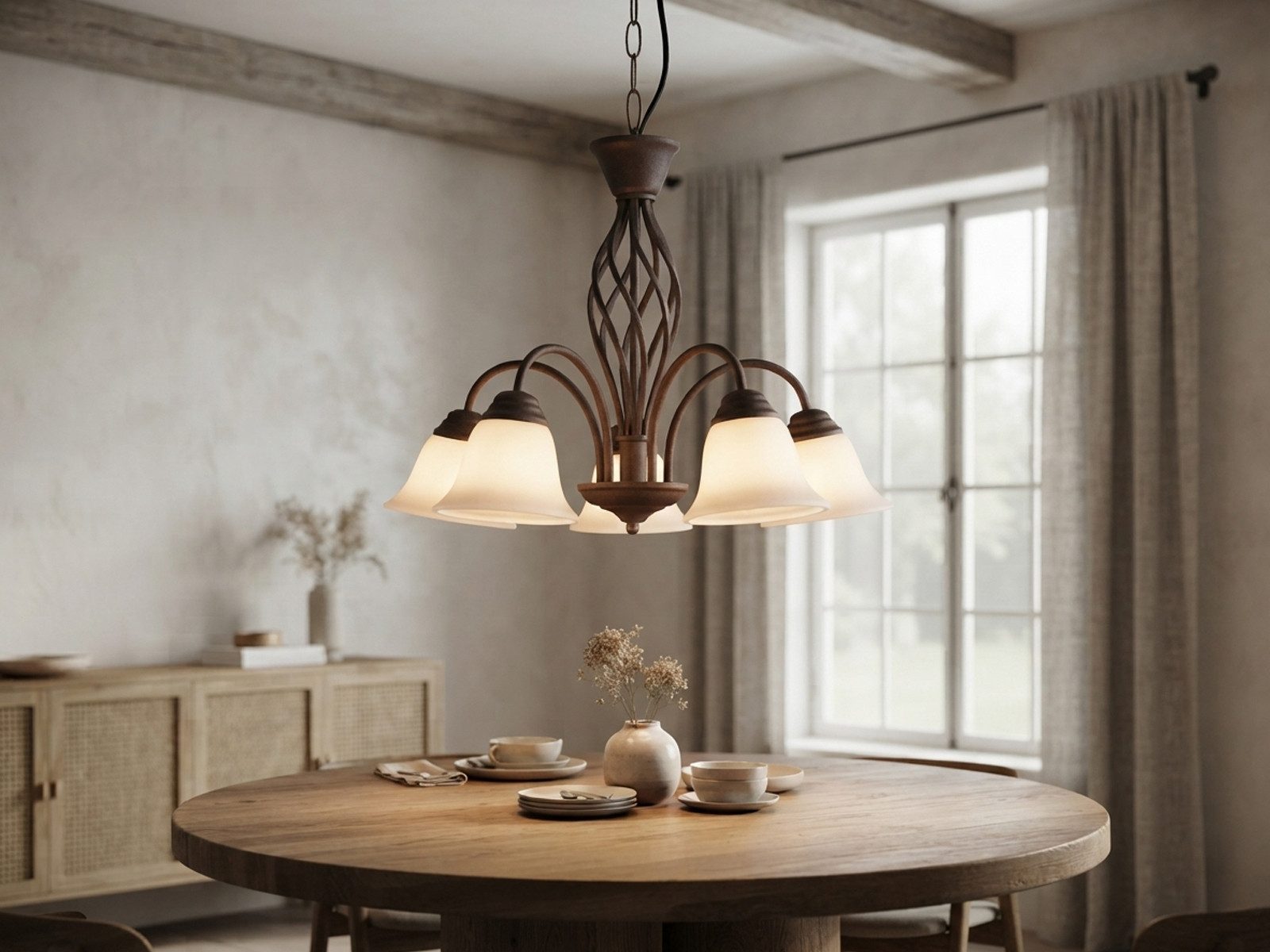 TRIO Leuchten LED Pendelleuchte 5-flammig Ø 60cm inkl. E14 LEDs, LED wechselbar, Warmweiß, große Landhausstil Esstisch-Lampe, Esszimmerlampe hängend – Bild 2 von 5