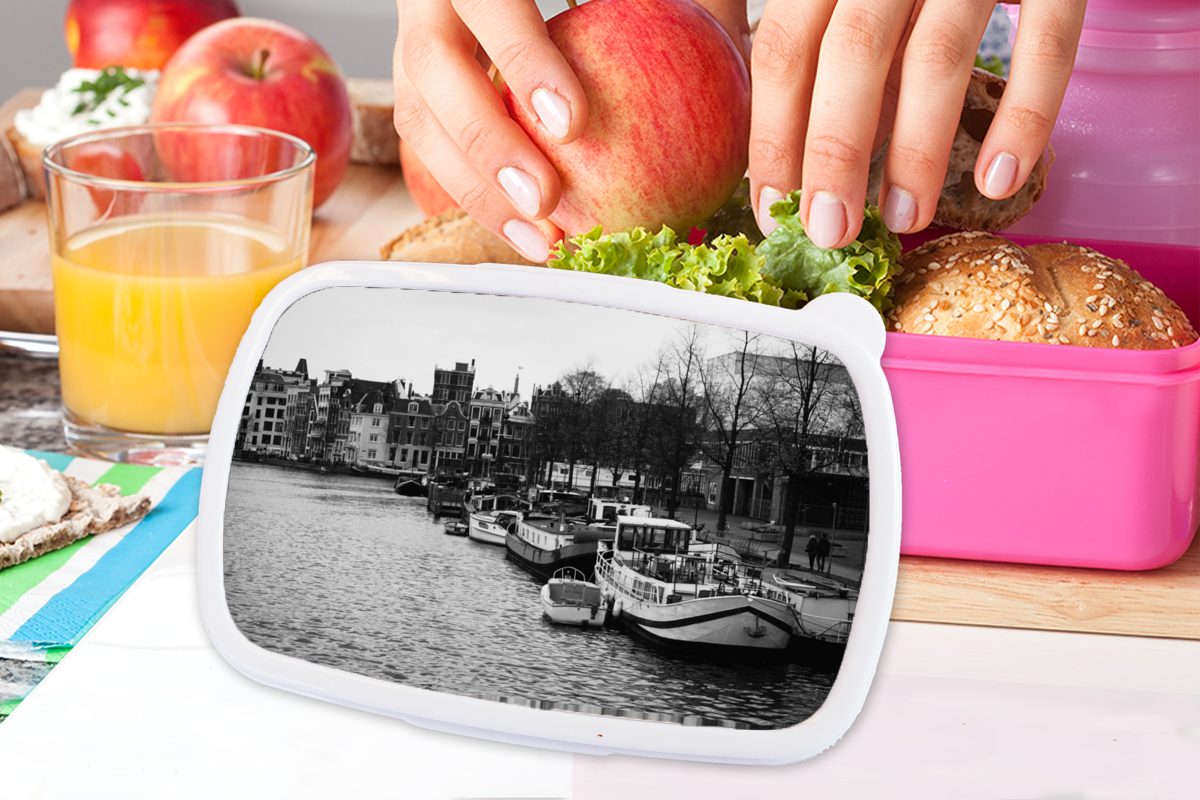 rosa in Kinder, Lunchbox - Schwarz Weiß, für - (2-tlg), Gracht Brotdose Snackbox, Erwachsene, Amsterdam MuchoWow Mädchen, Brotbox Kunststoff, Kunststoff