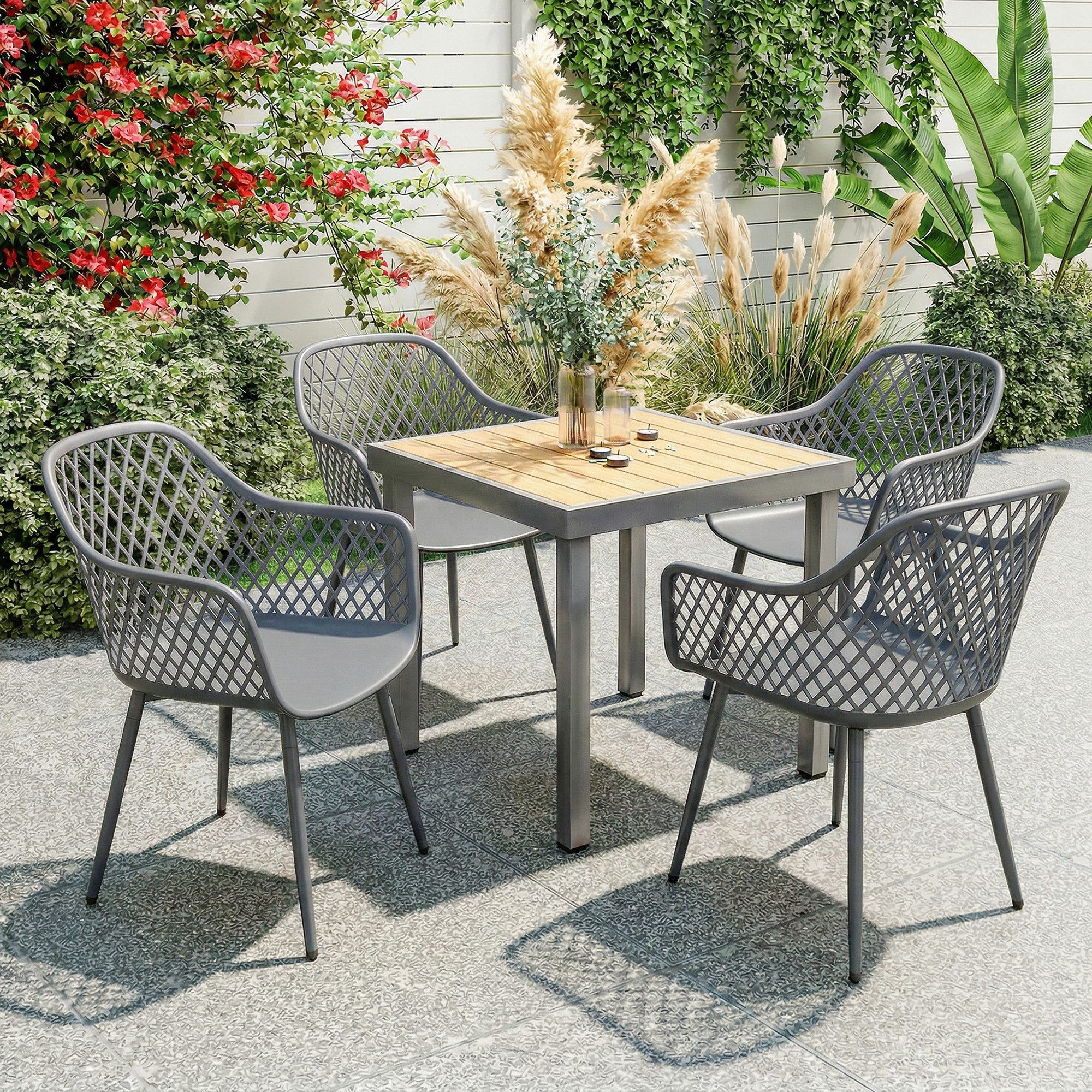 OKWISH Gartenstuhl Terrassenstuhl 4er Set Kunststoff UV-beständig Dunkelgrau 56x51x84 (Stühle für Garten, Balkon und Terrasse im modernen Design, 4 St), Outdoor Sitzmöbel mit Armlehnen und hoher Rückenlehne