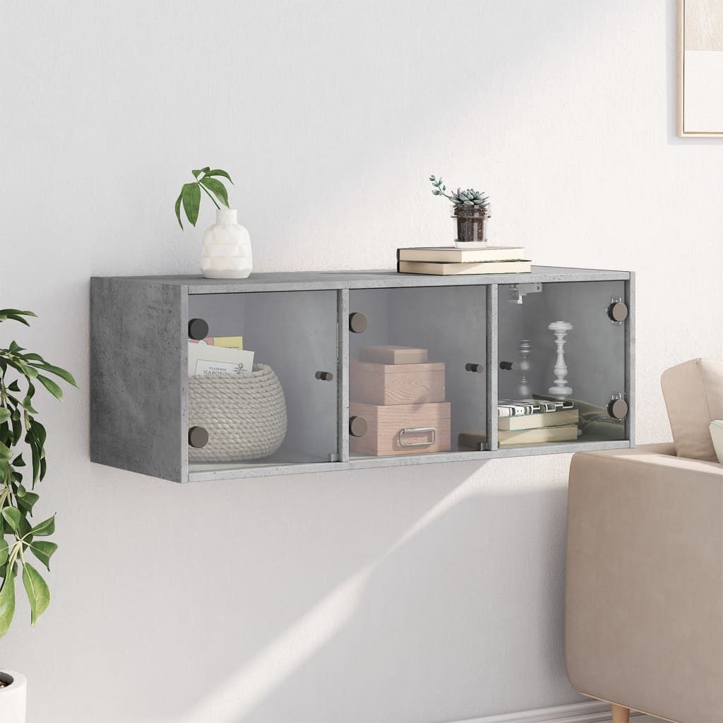 furnicato Wandhängeschrank Hängeschrank Betongrau 102x37x35 cm aus Holzwerkstoff und Glas, 1-tlg., Stabile Vitrine mit Glastüren und Stauraum für Büro oder Wohnraum