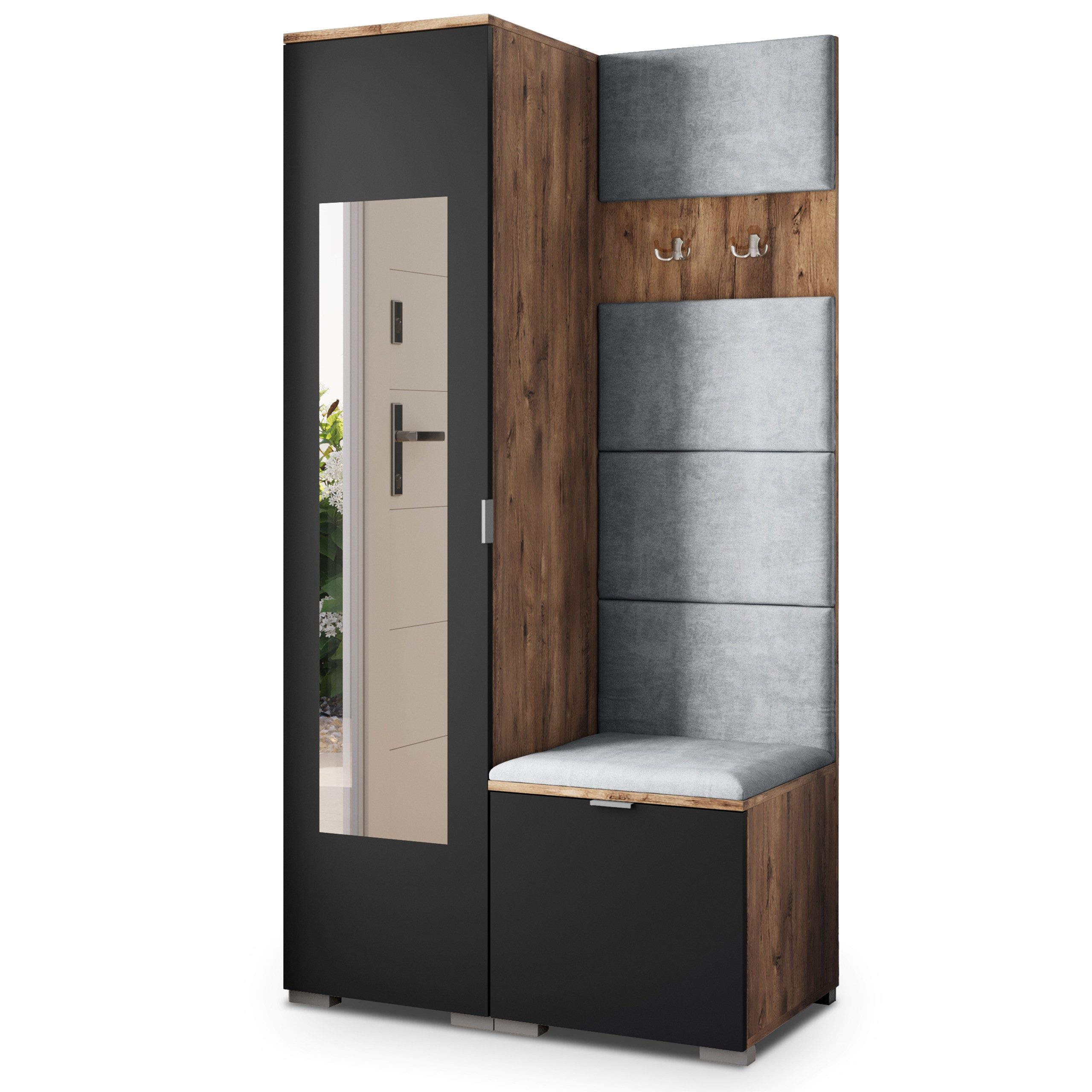 Masseno Garderobenschrank VIRA 95 x 181 cm Garderoben-Set mit Spiegel und 1 Türen Eiche Lefkas