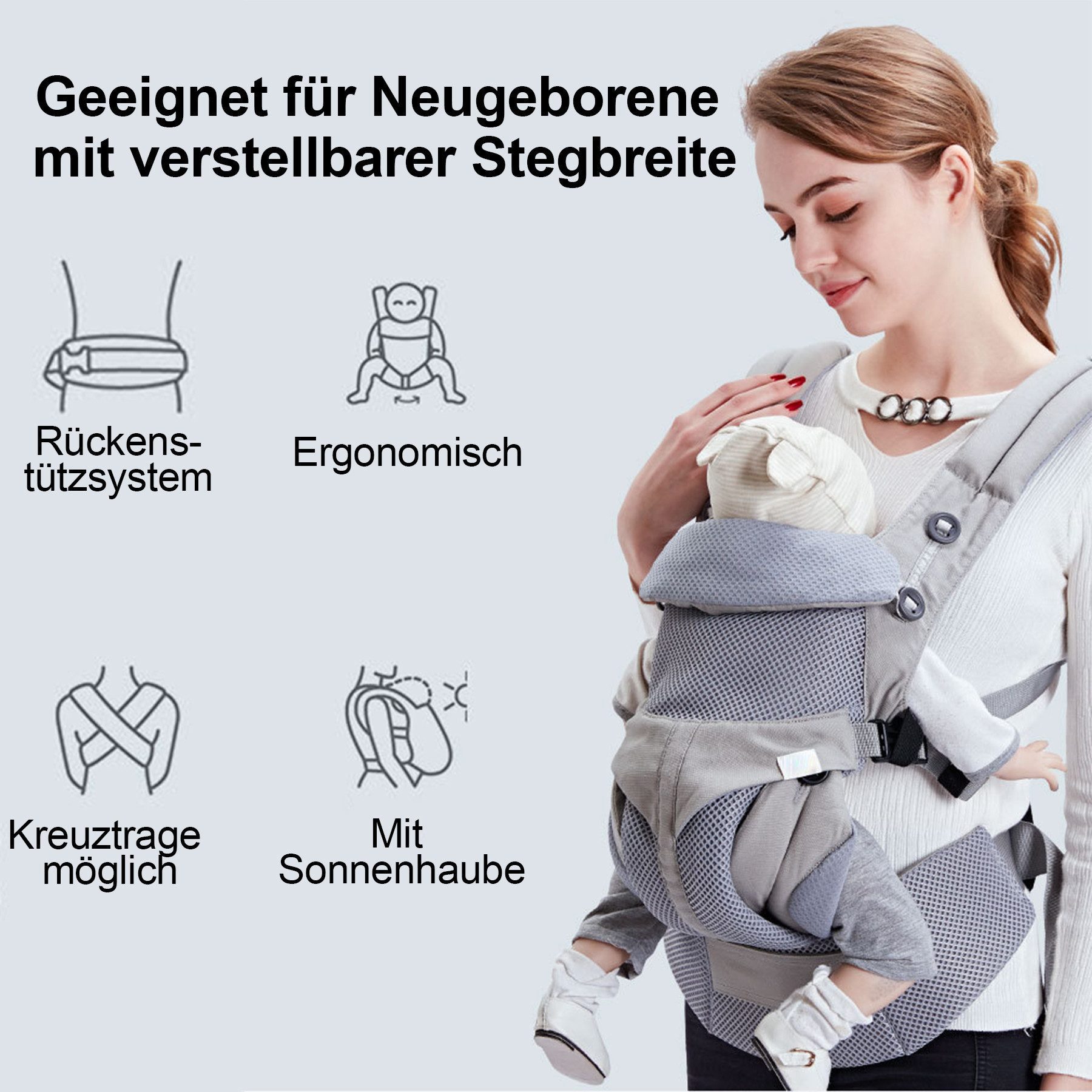 Mutig Bauchtrage Babytrage für Neugeborene ab Geburt, Weich Atmungsaktiv Babytrage (Babytrage für 0-48 Monate,mit verstellbarem Hüftgurt Schulterriemen, mit Kapuze, Baby Trage Vorne und Hinten Tragen für Babys 4-20kg), für Babys & Kleinkinder