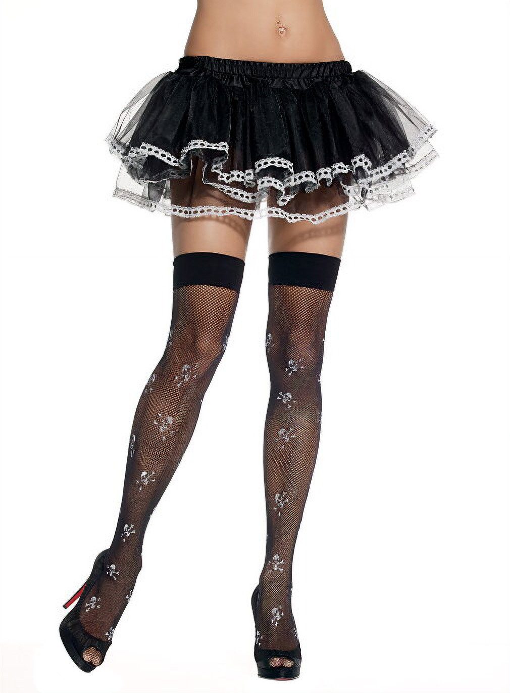 Leg Avenue Socken Fishnet Overknees Pirat - Karneval Faschingskostüm Lange Feinstrümpfe mit weißen Totenköpfen