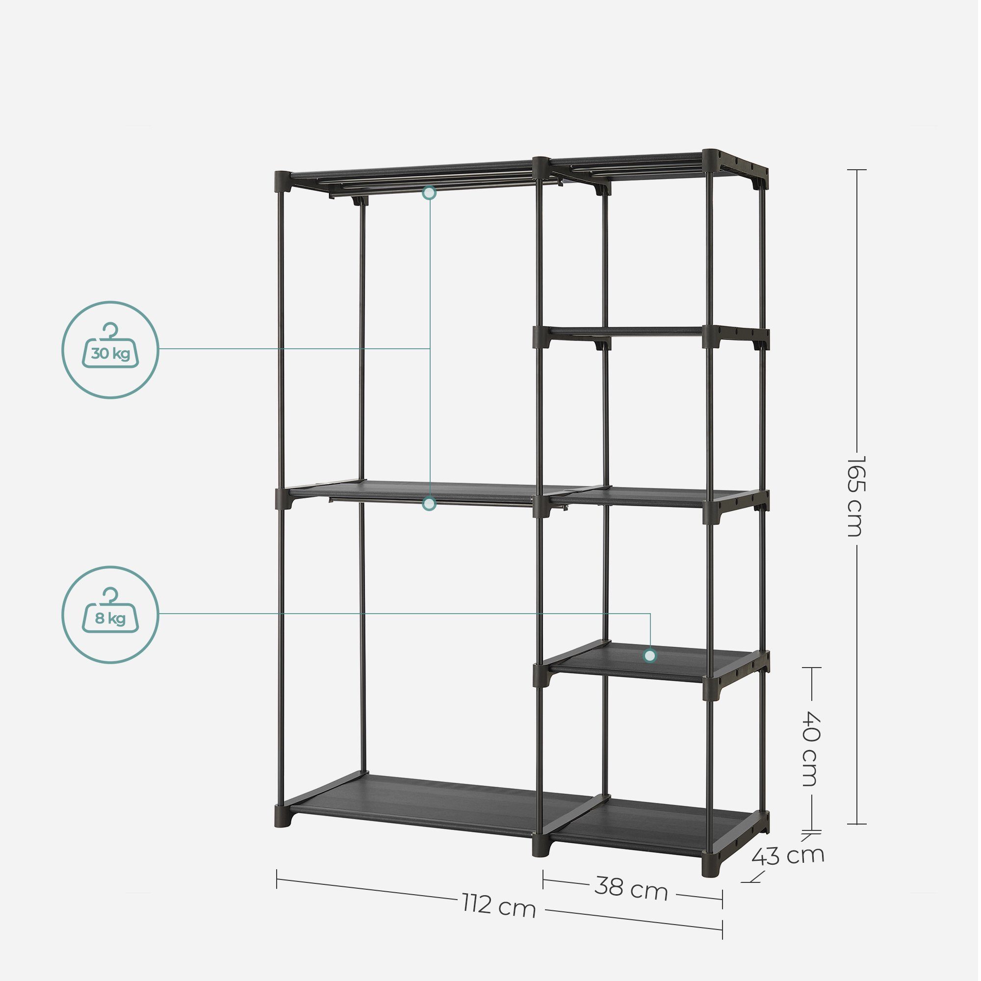 SONGMICS Kleiderschrank mit faltbar, x x 43 Kleiderstangen, 165 schwarz cm 112