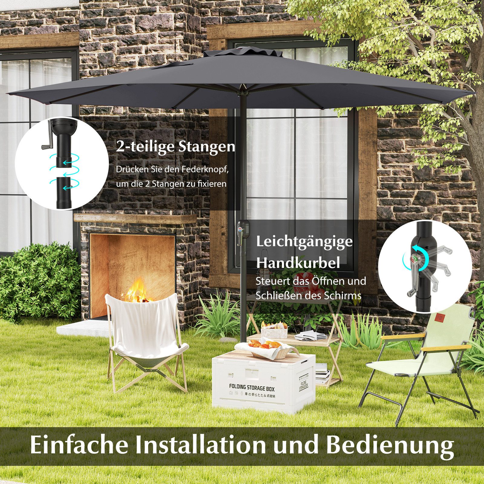 COSTWAY Sonnenschirm, LxB: 350x350 cm, Balkonschirm mit Kurbel, für Garten, Terrasse