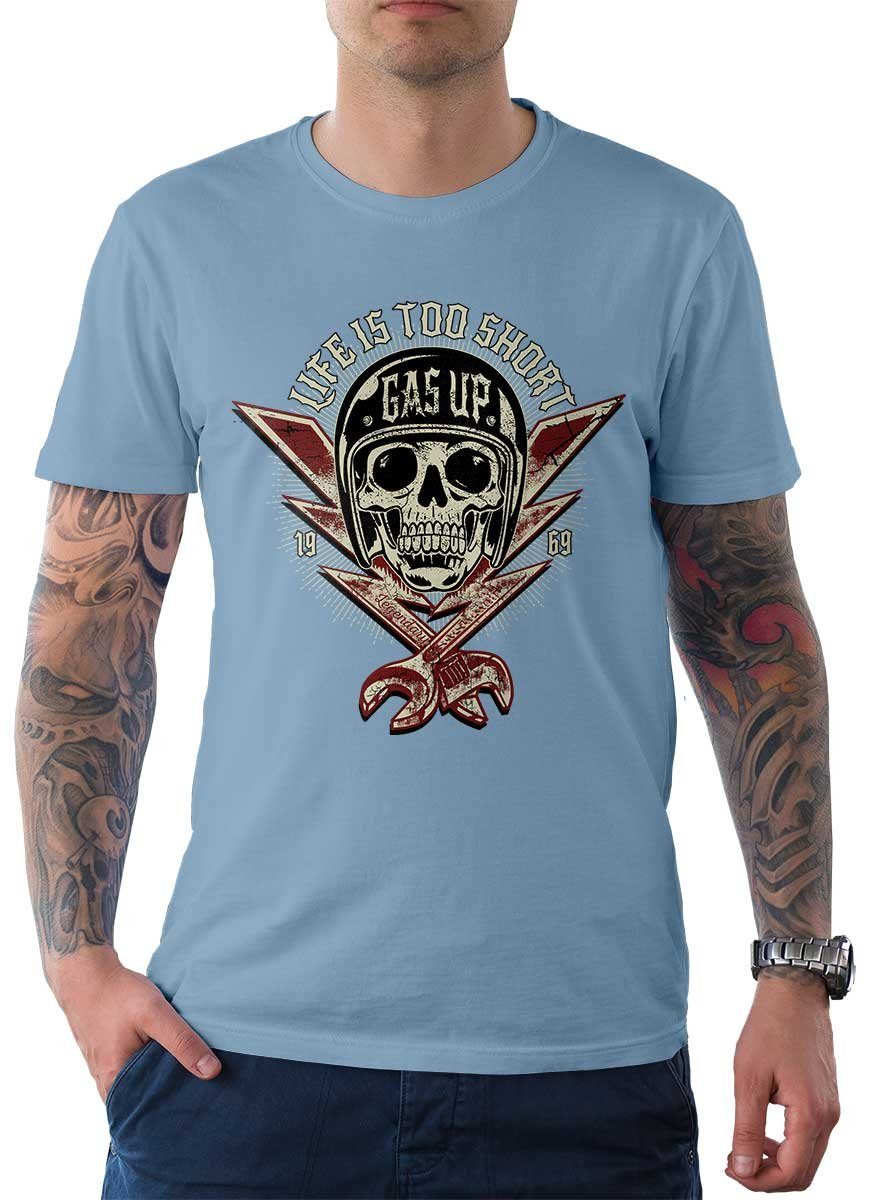T-Shirt Tee Biker Motiv On T-Shirt Rebel Herren Hellblau Wheels mit Motorrad Up Gas /